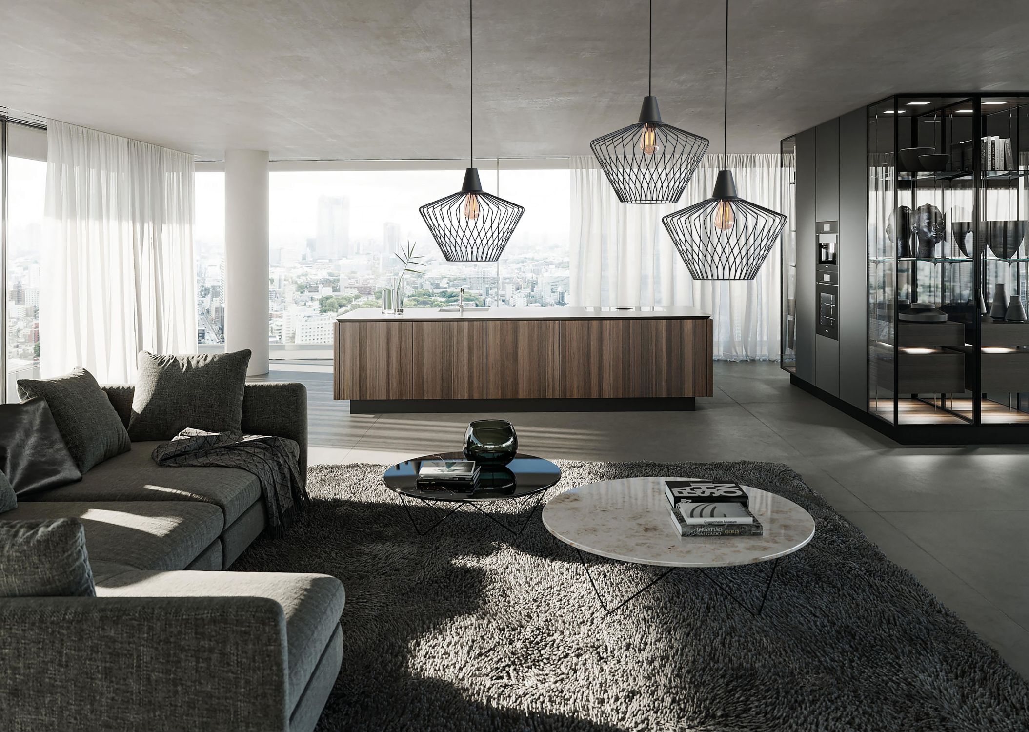 Hängelampe Schwarz TOMMY Wohnzimmer Esstisch Lampe Kücheninsel, Holzdekor, Pendelleuchten, offener Wohnbereich, Stadtblick