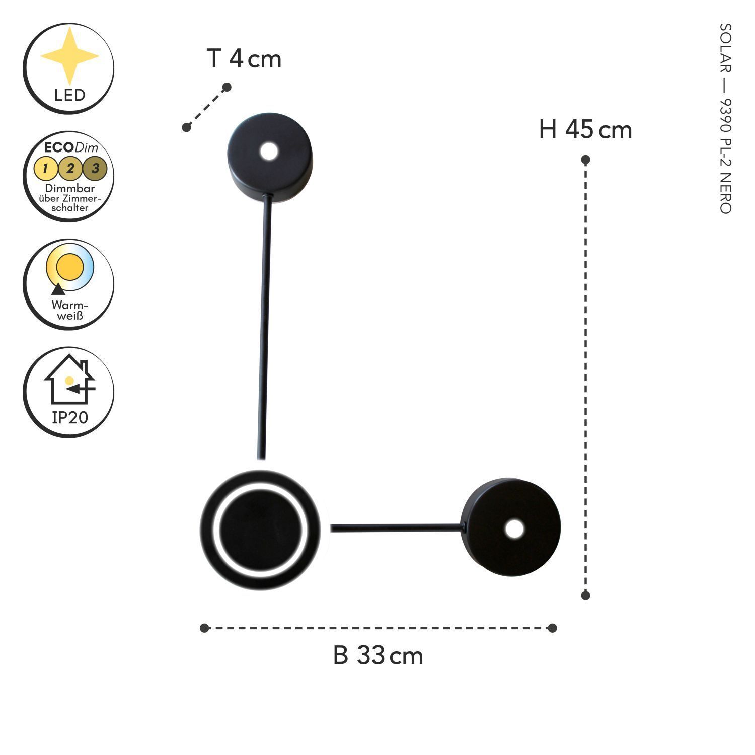 LED Wandlampe Aluminium dimmbar H:44 cm 3000 K Schwarz LED, Wandleuchte, Rund, Schwarz, Pendellampe