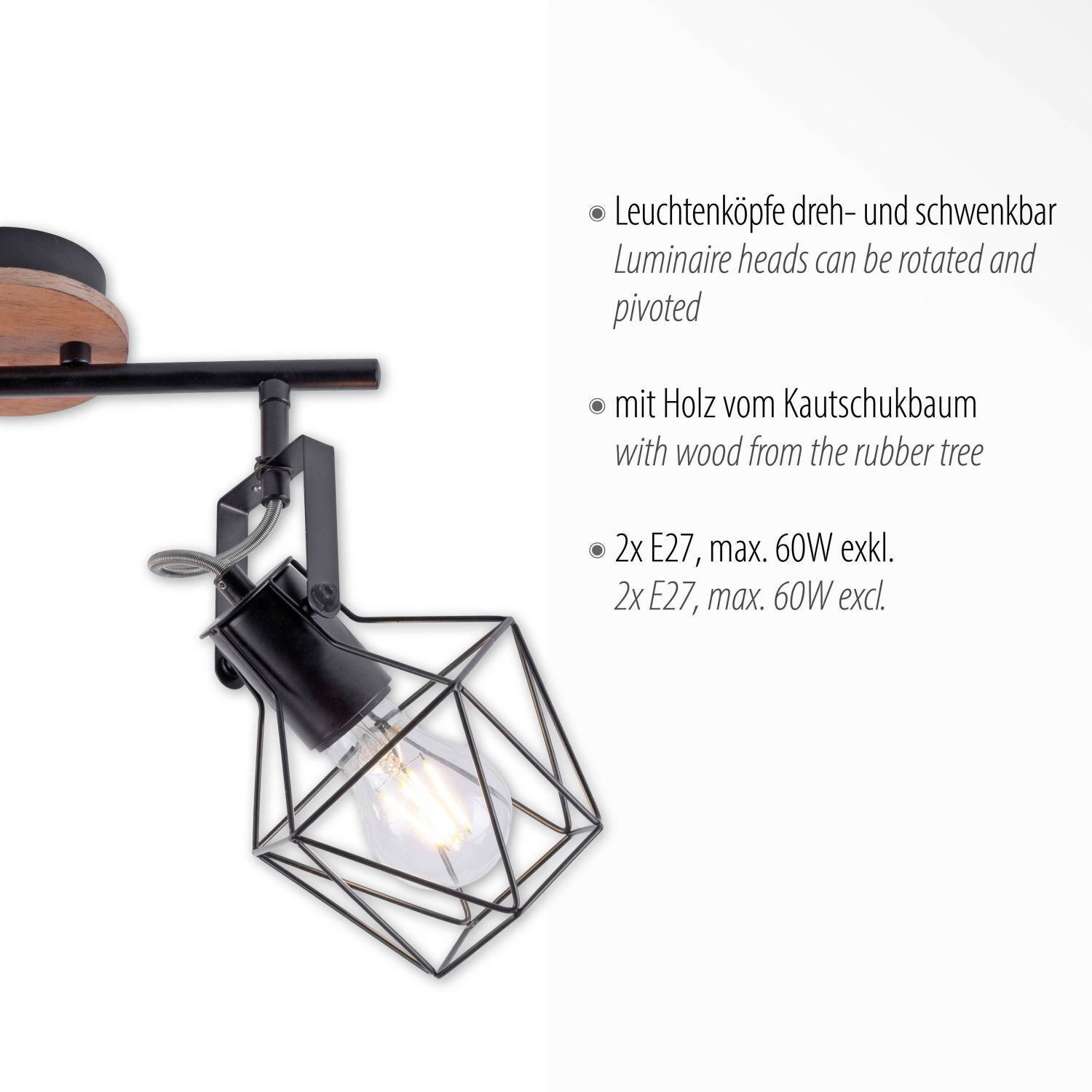 Spot de plafond flexible bois métal noir E27 Vintage Leuchte, Beleuchtung, Lampe