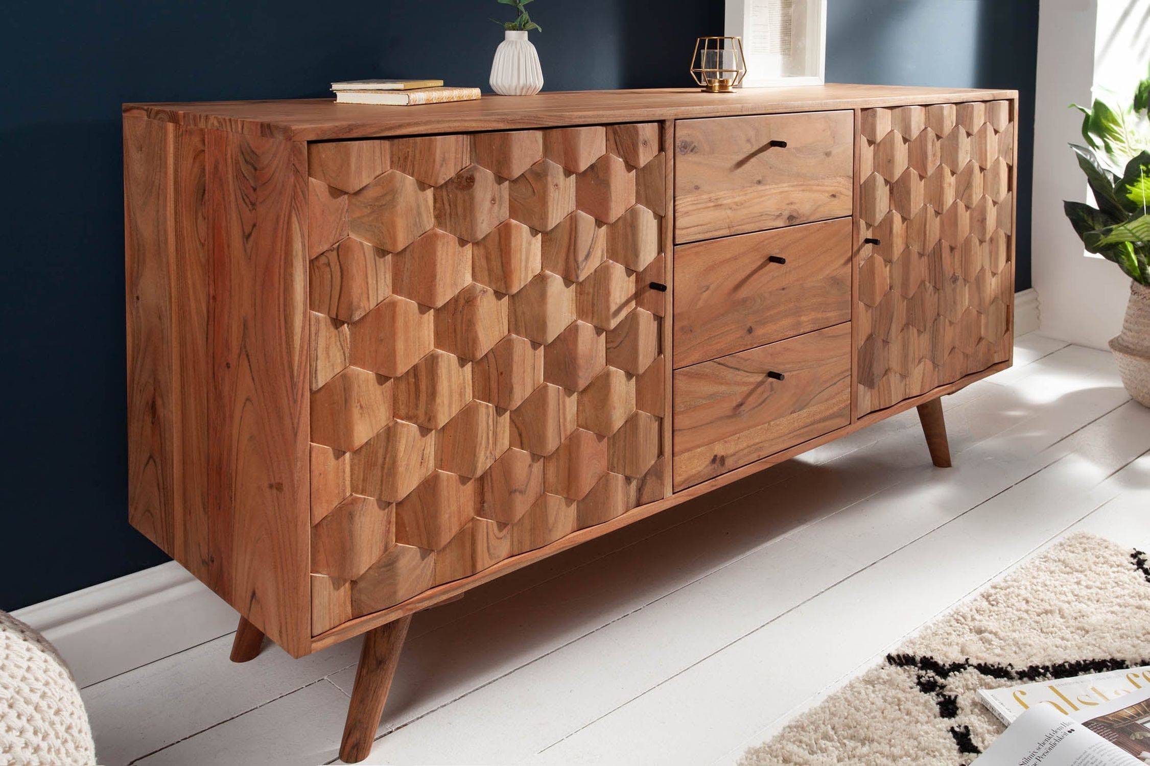 Sideboard Akazie 145 x 75cm 3D-Fronten Retro Schubladen Türen Moebel, Anrichte, Innenarchitektur, Holz, Hartholz