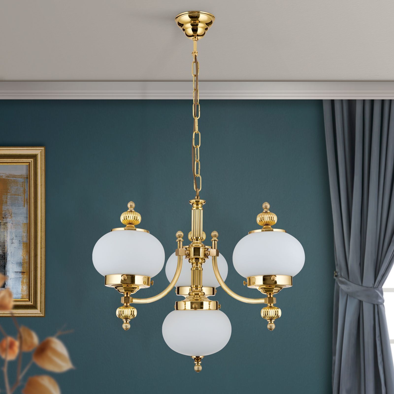 Kronleuchter Echt-Messing Glas E27 55 cm breit VIKTOR Kronleuchter, Goldoptik, Glasballen, Deckenleuchte, Deckenmontage