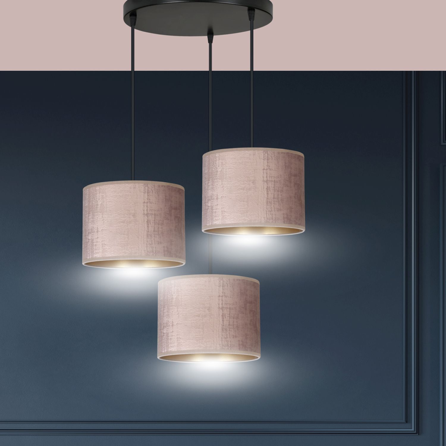 Suspension tissu métal noir rose or 3 flammes E27