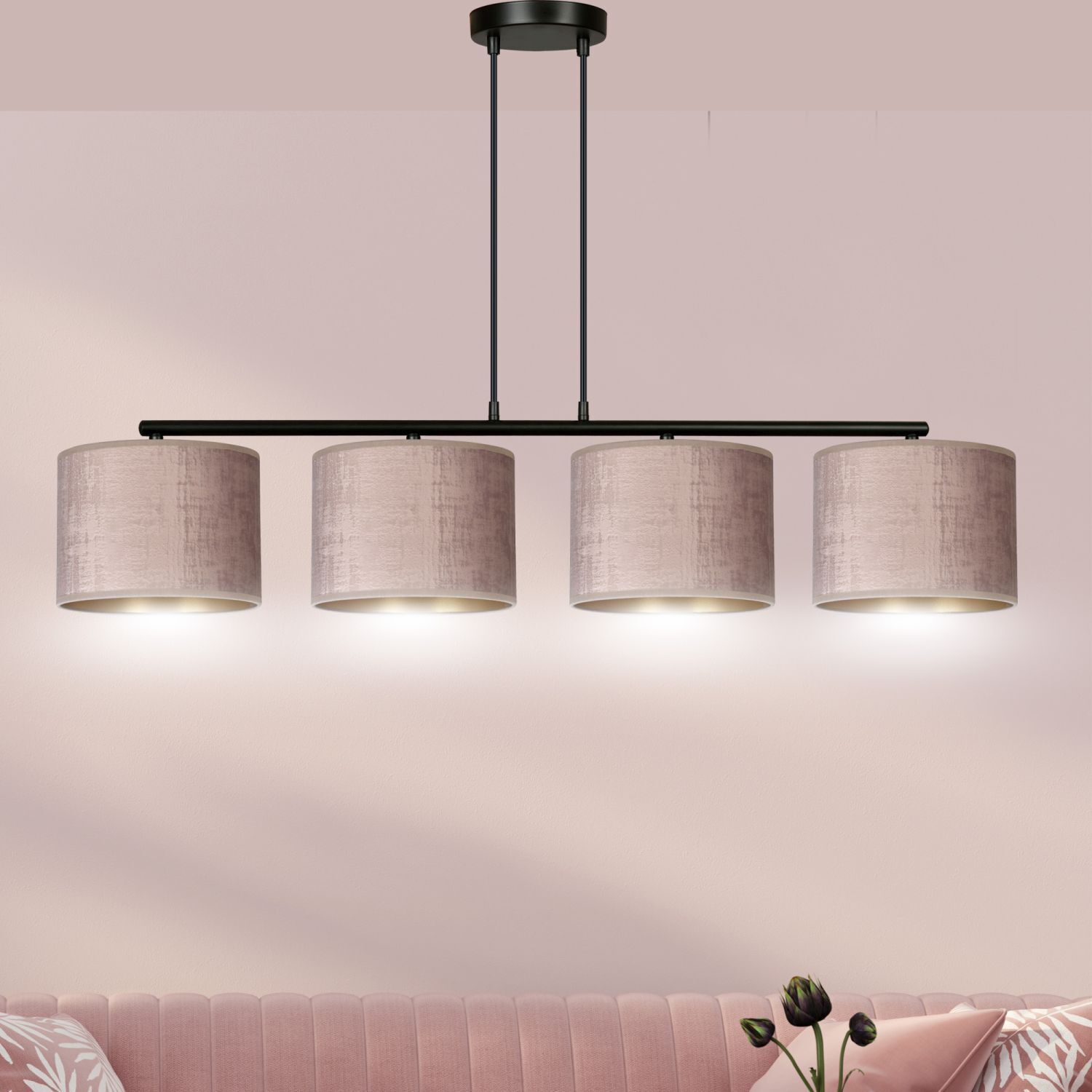 Lampe à suspendre 4 flammes L : 97 cm Métal Tissu Rose Or E27