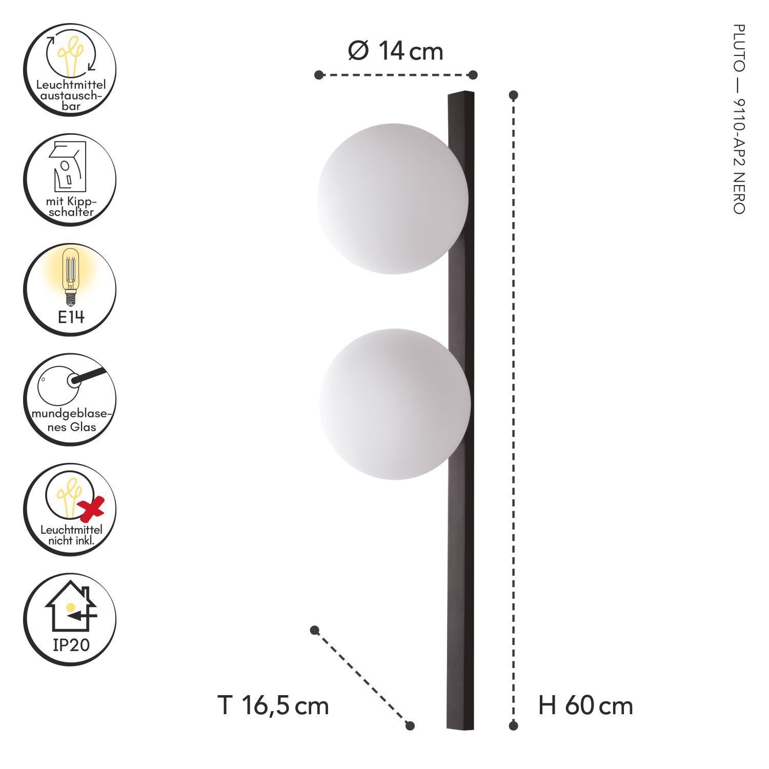 Wandlampe Schwarz Weiß Glaskugel E14 H:60 cm 2-flammig wandlampe, dreibare lampe, grau/weiß, holzstange, E14 LED, keine marke