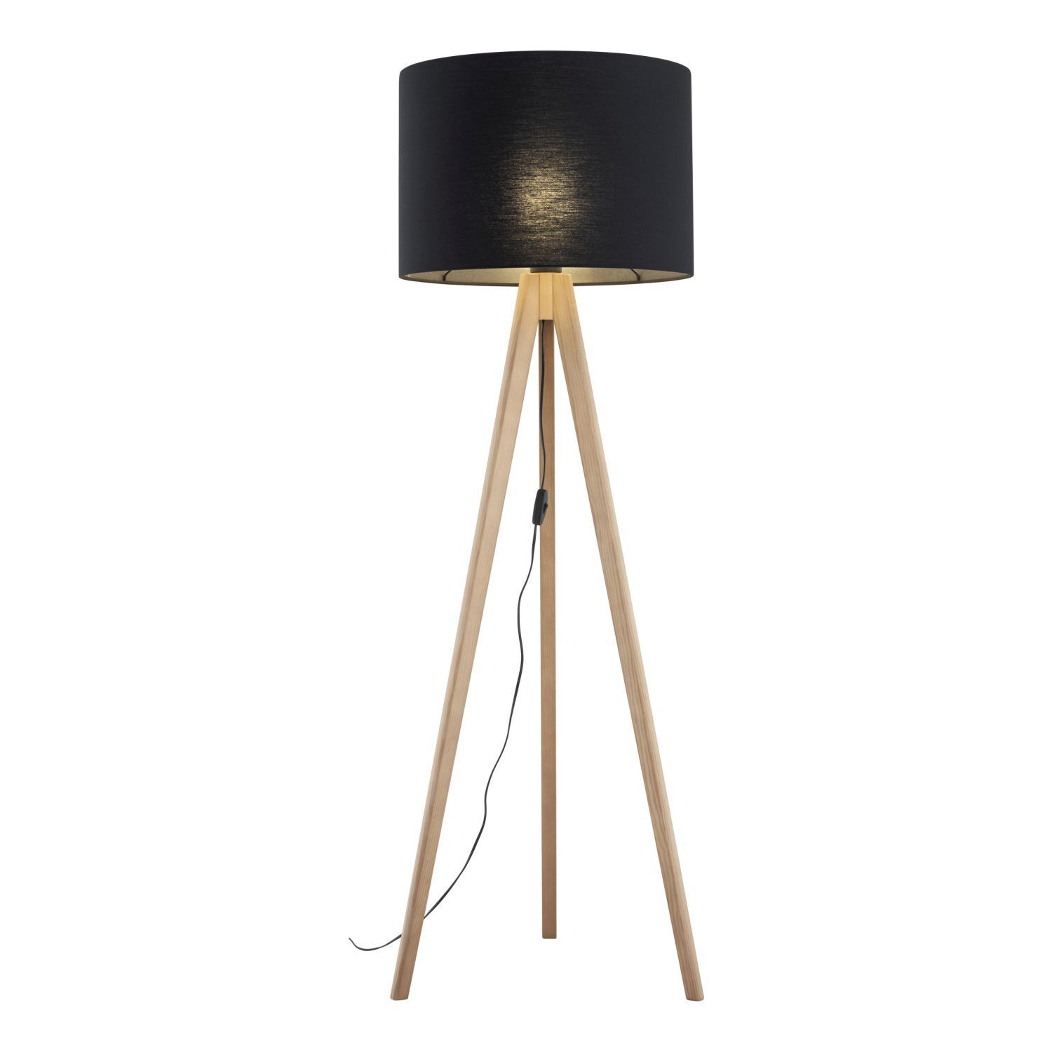 Lampadaire Trépied 145 cm petit pin noir bois tissu E27