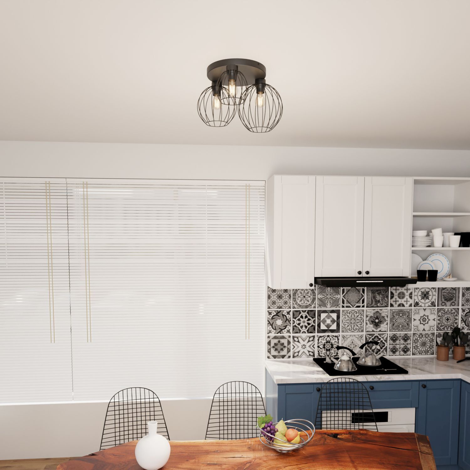 Lampe de plafond Retro noir fil E27 3-flamme L:41 cm Speisesaal, Esstisch, Drinnen, Innenarchitektur, Küche