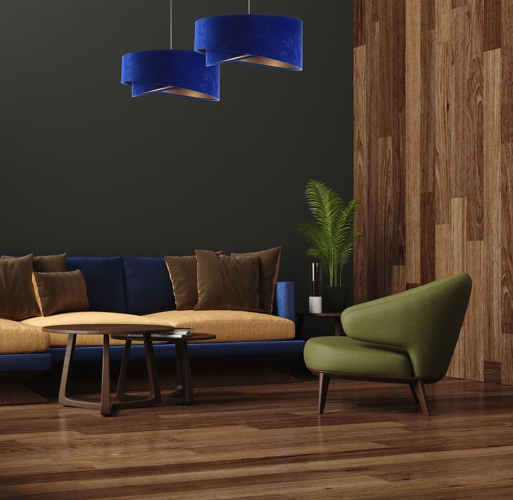 Suspension E27 ronde Ø 50 cm Bleu Or Tissu aspect velours