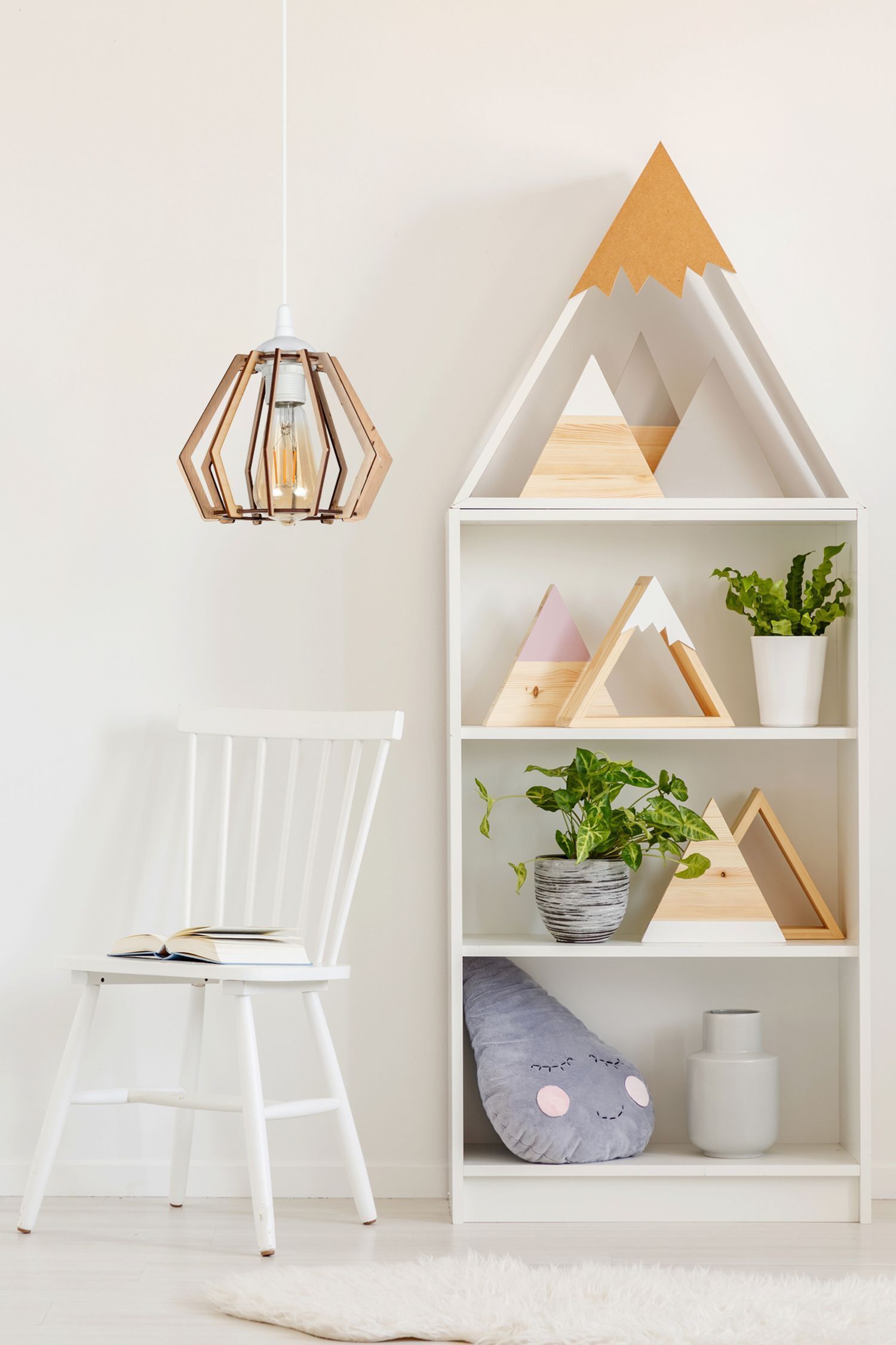 holzregal, regal, deko, pflanze, lampenpendel