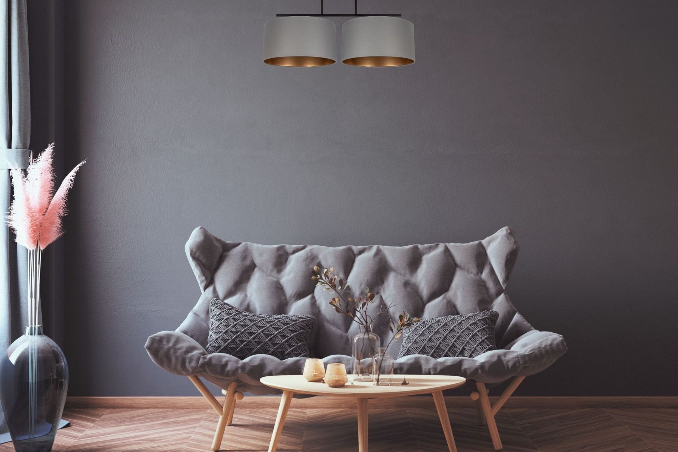 Deckenlampe Stoff blendarm Schwarz Grau Gold E27 70 cm sofa, couch, wohnzimmer, grau, holzbeine