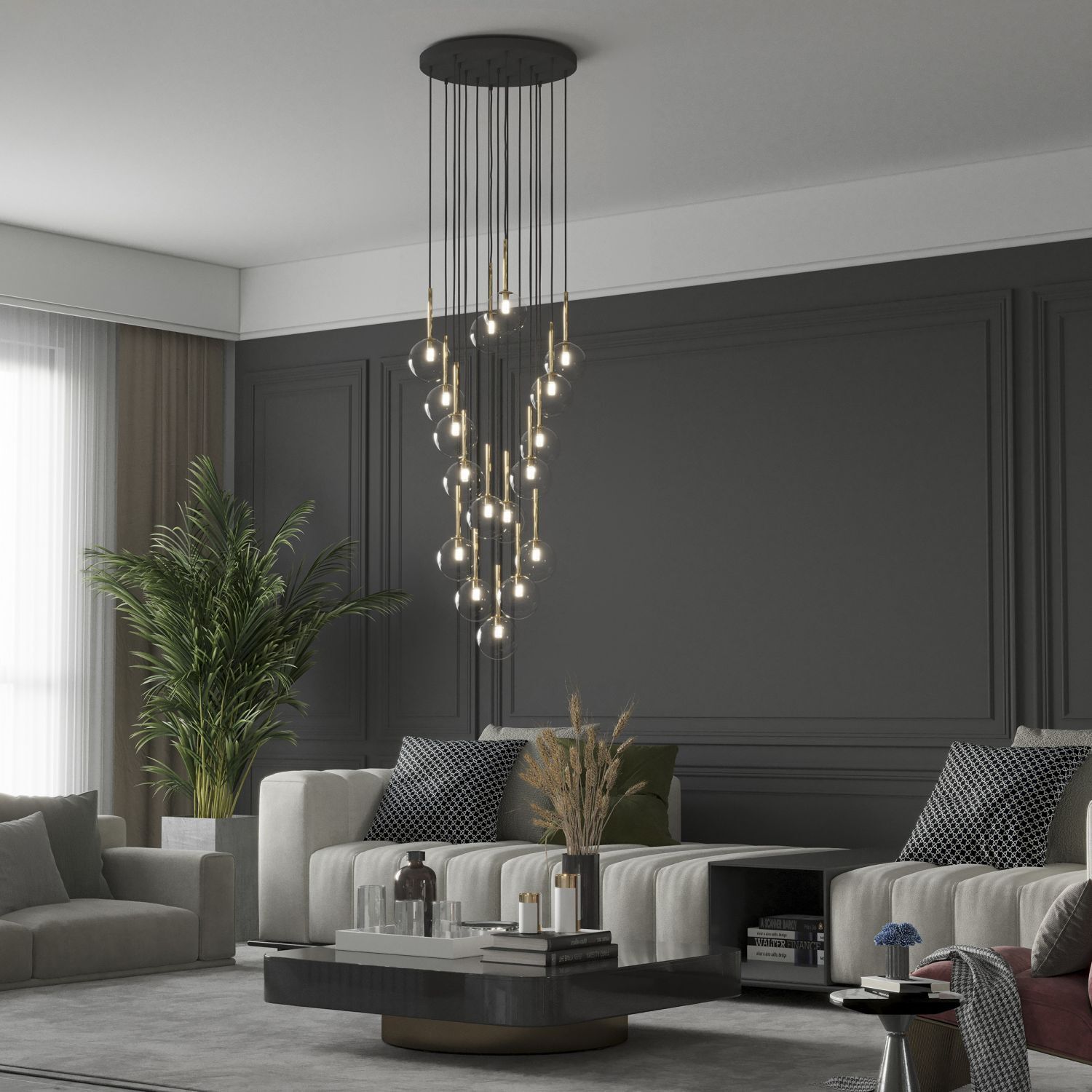 Lampe à suspendre verre métal Ø 52 cm H : max. 145 cm en noir or