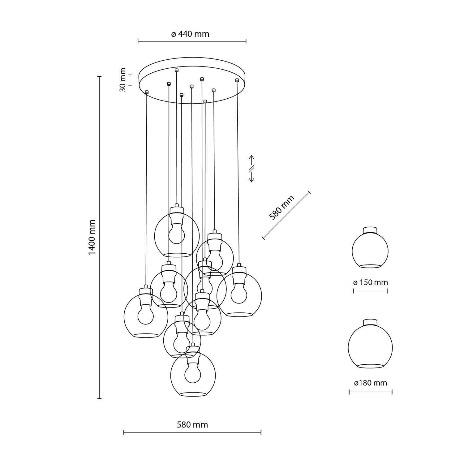 Suspension verre fumé H : max. 140 cm réglable 9x E27