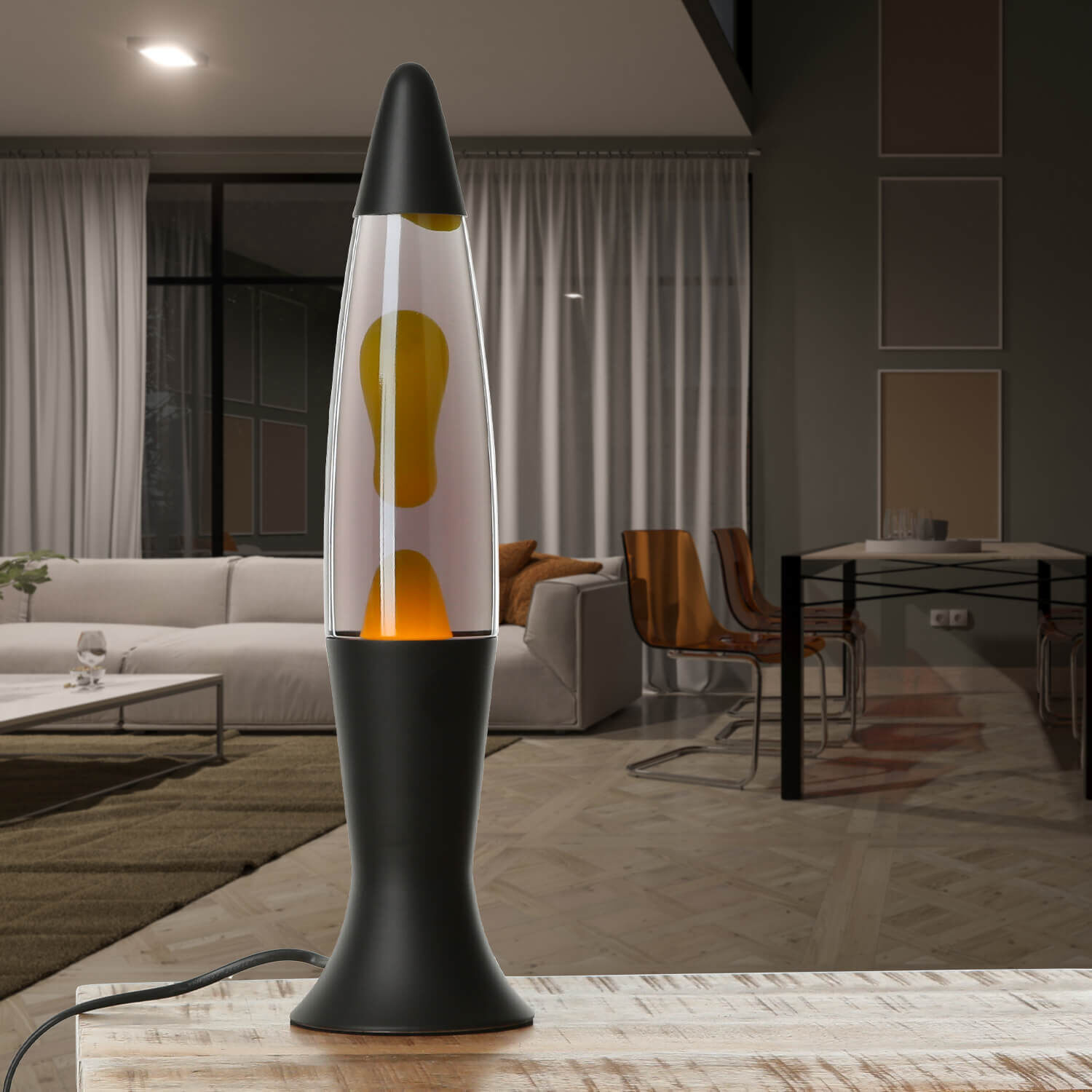 lavalampe-roxy-lava-lamp-schwarz-grau-gelb-2 Tischlampe, Dekolampe, Glaslampe, Standlampe, Raumbeleuchtung