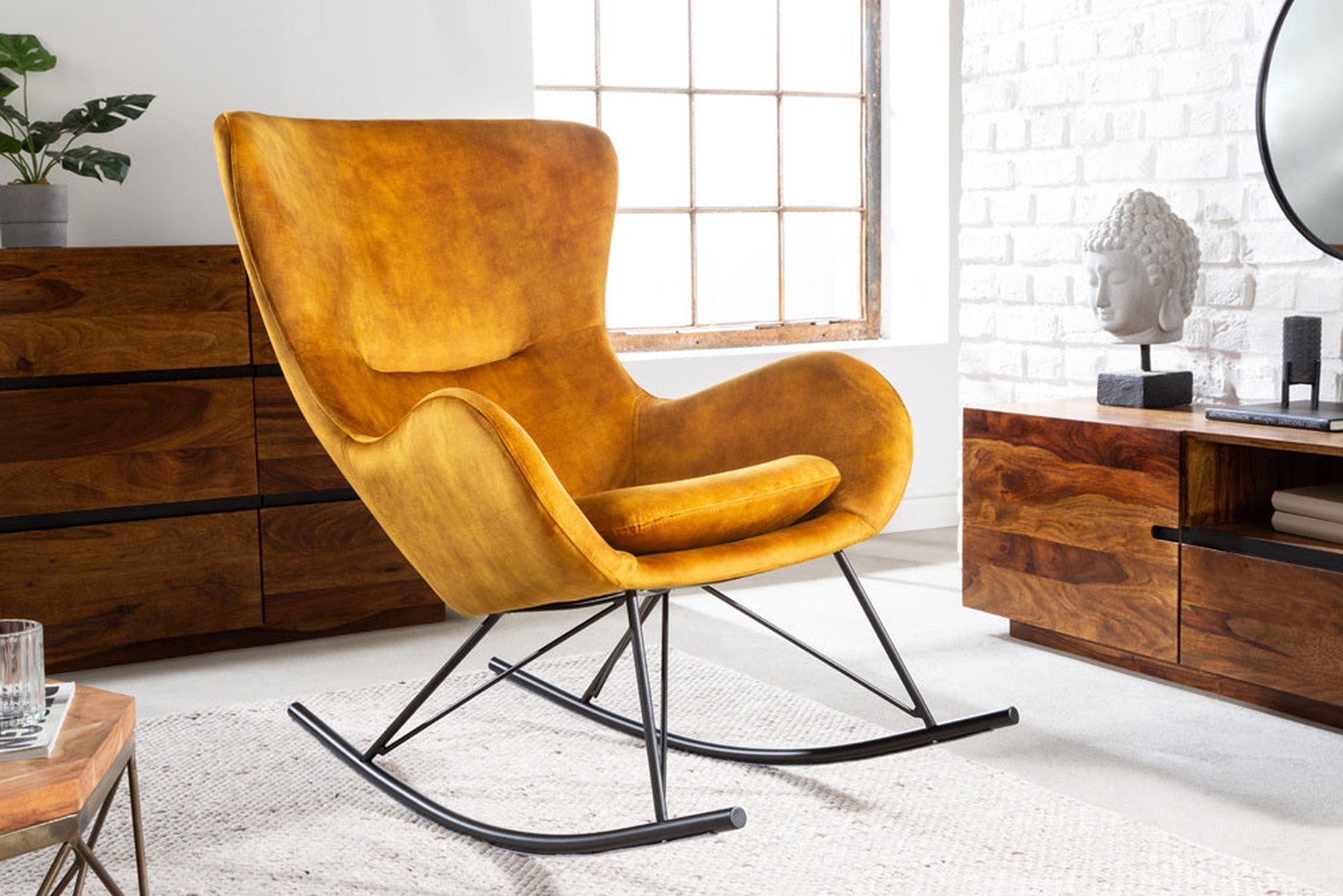 Schaukelstuhl Gelb Schwarz zum Stillen Lesen aus Samt Metall Moebel, Stuhl, Person, Gesicht, Kopf