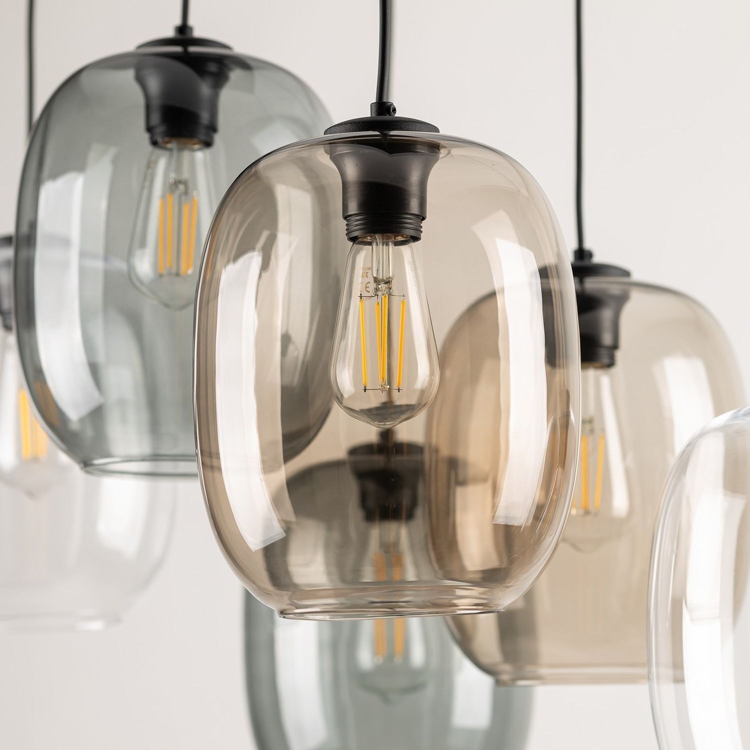 Suspension verre fumé métal L : 70 cm H : max. 1,3 m 6x E27 Leuchter, Lampe, Leuchte