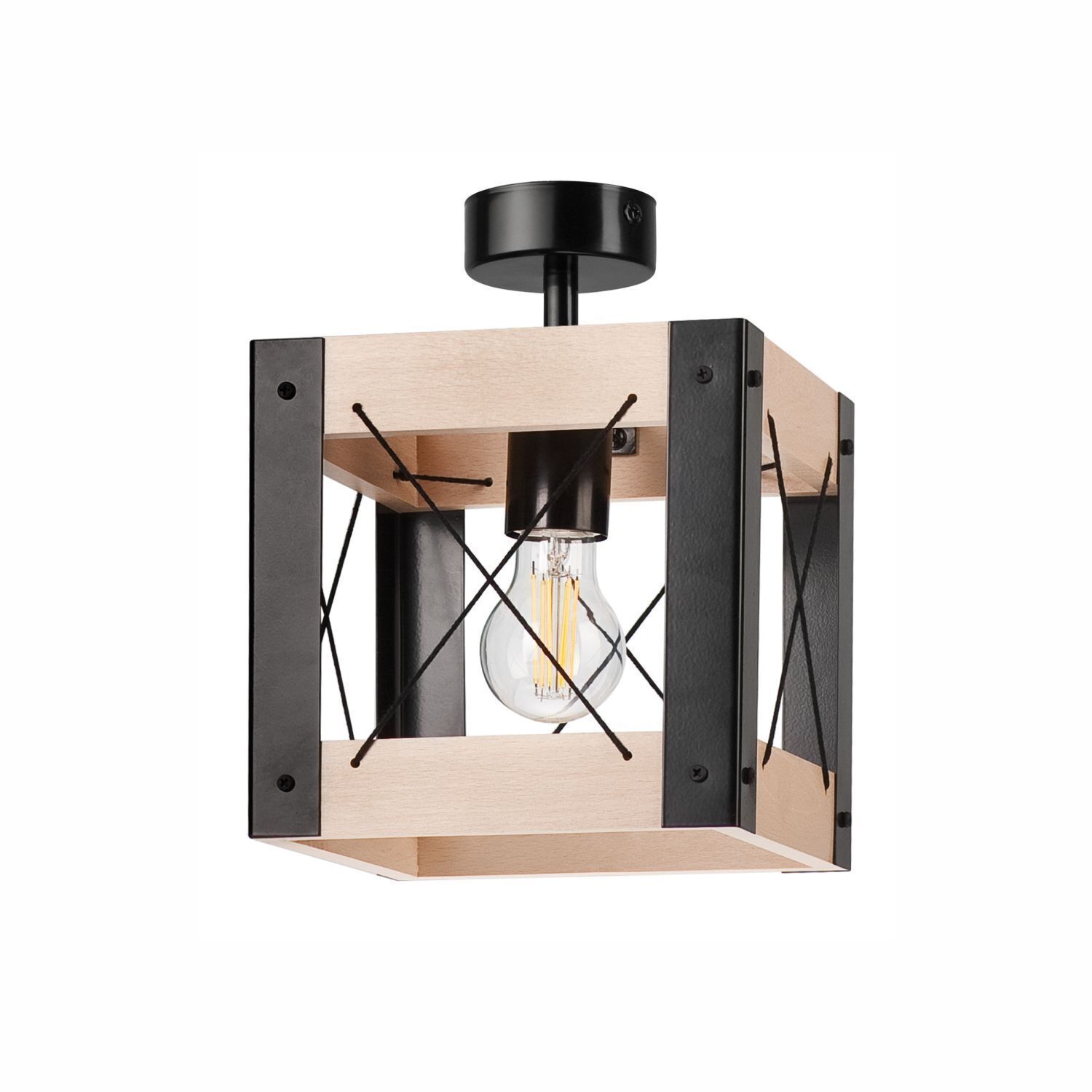 Deckenleuchte Rustikal eckig B: 20 cm klein E27 Holz Metall Lampe, Leuchte