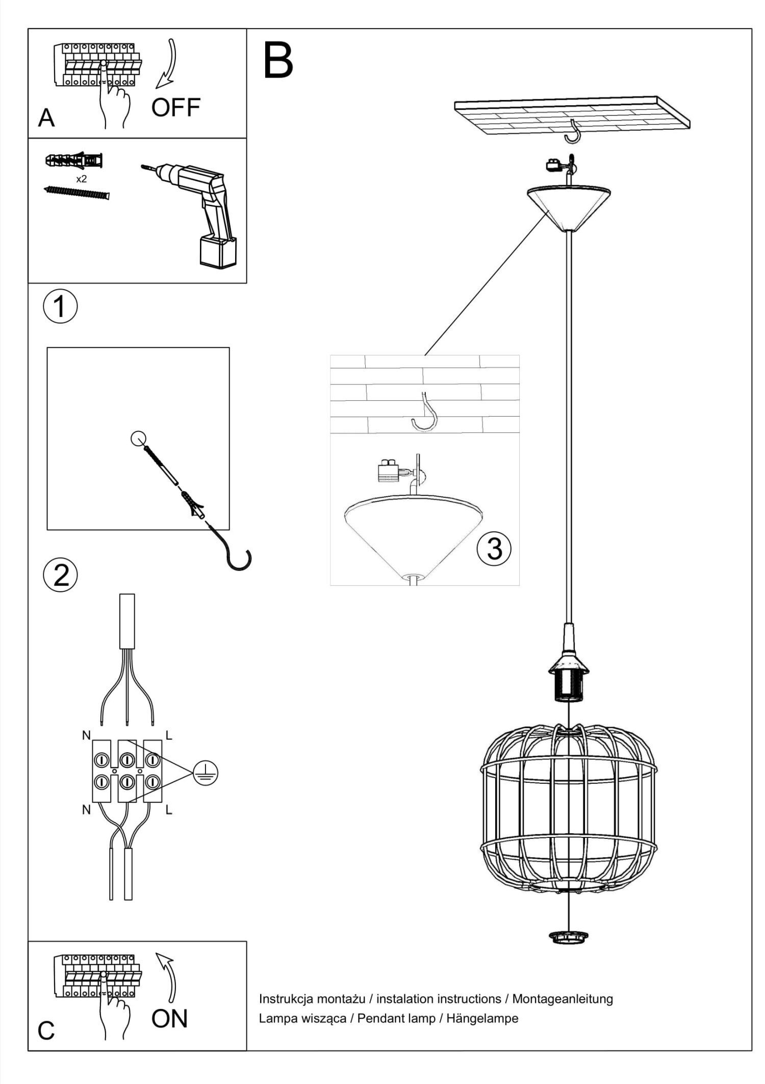 Suspension Noir Ø 23 cm E27 Métal MISAM