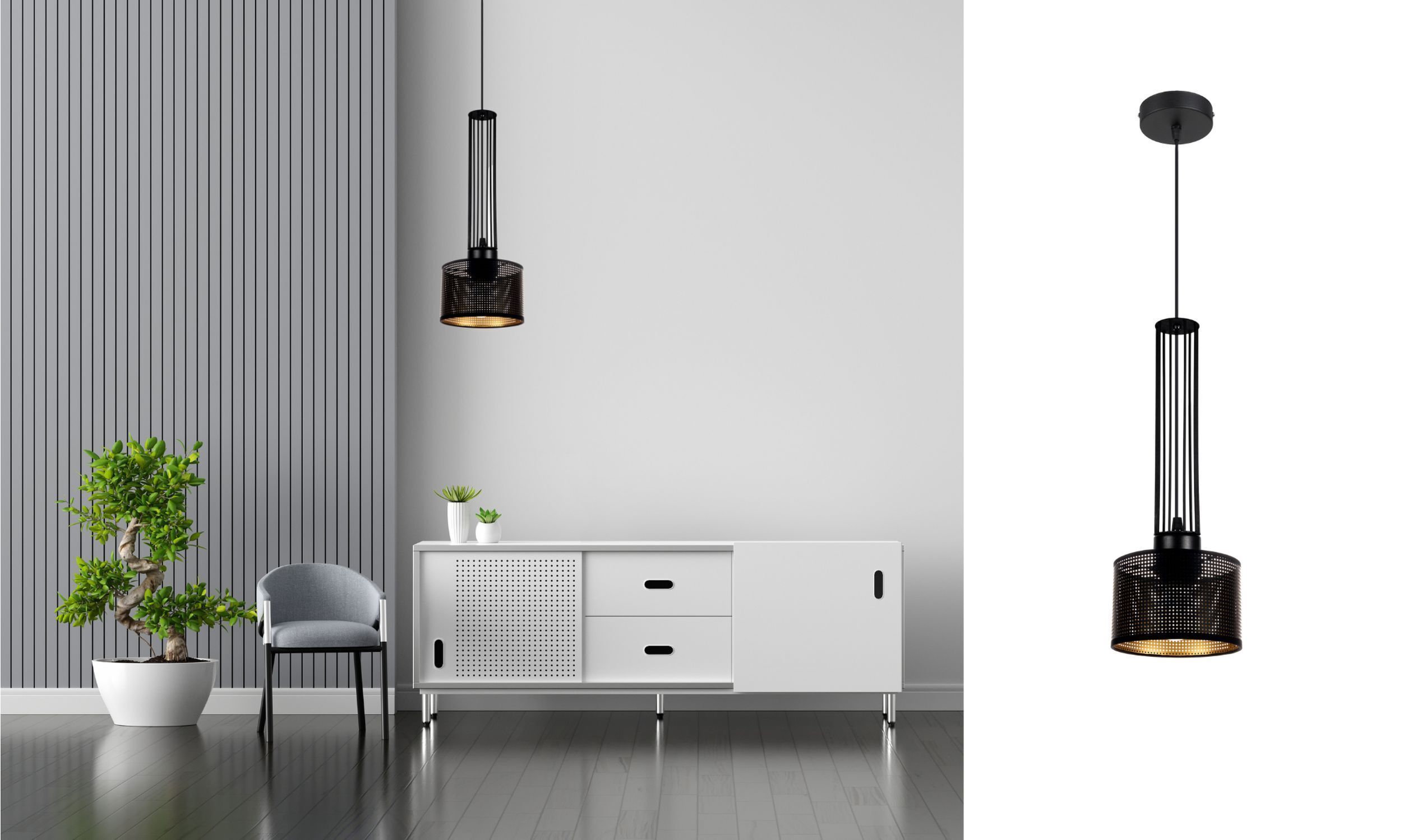 Dekorative Hängelampe Metall B:15 cm E27 Schwarz Gold _Pendant light, schwarzmetall, zylindrischer schirm, hängelampe, minimalistisch