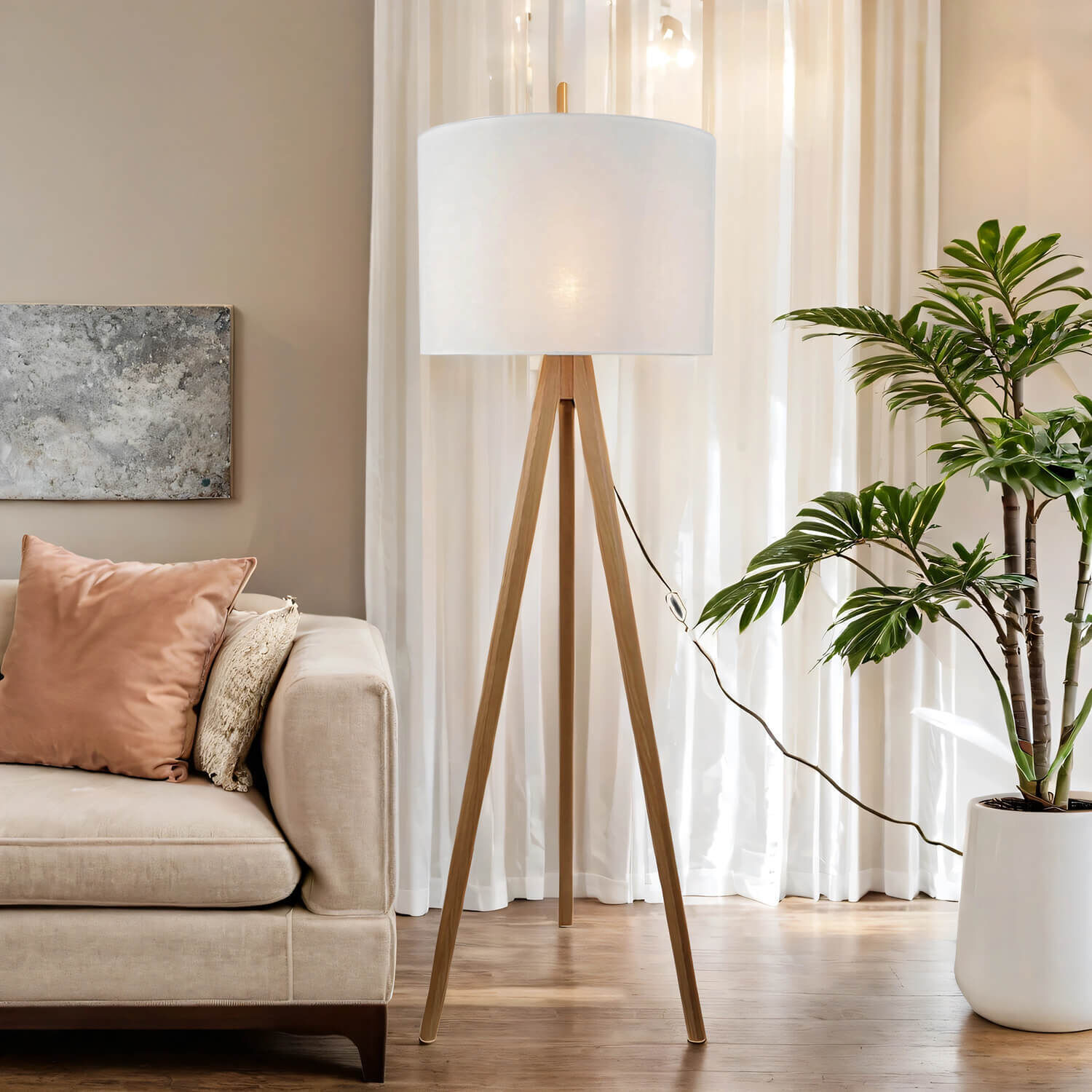 Lampadaire petit 145 cm trépied E27 tissu bois salon