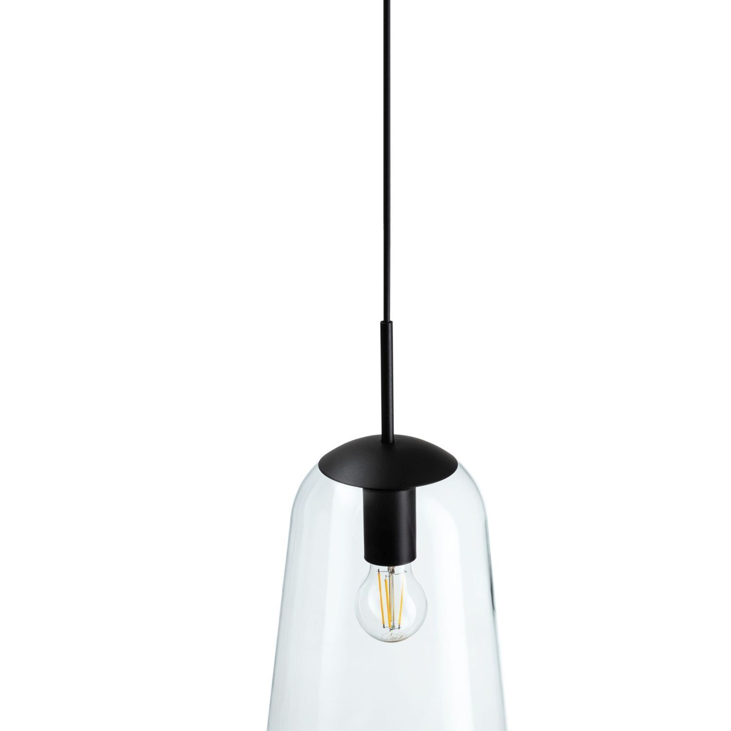 pendant lighting, Glasschirm, Glühbirne sichtbar, schwarner Stiel, hänge Lampe