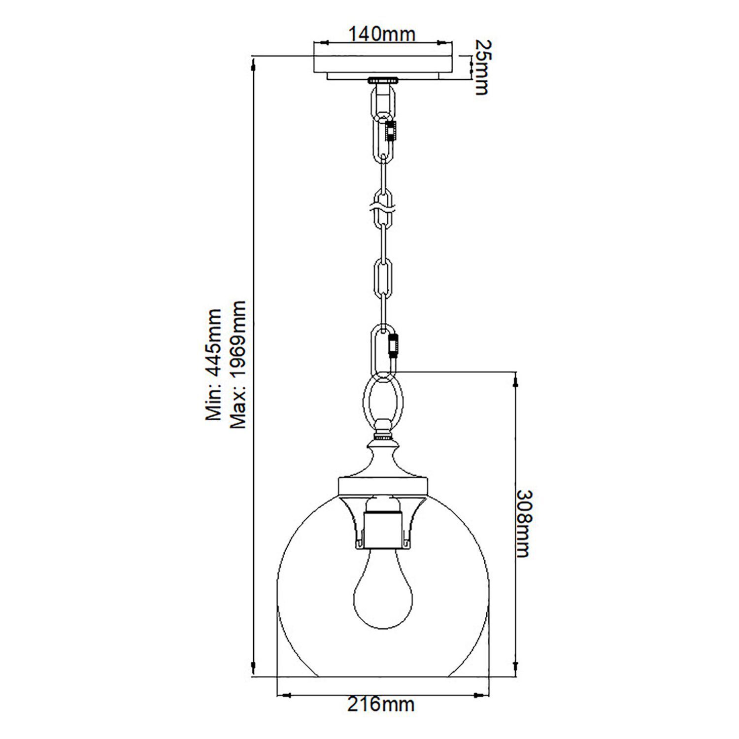 Lampe à suspendre métal verre ronde D : 21,6 cm H : max. 196,9 cm E27
