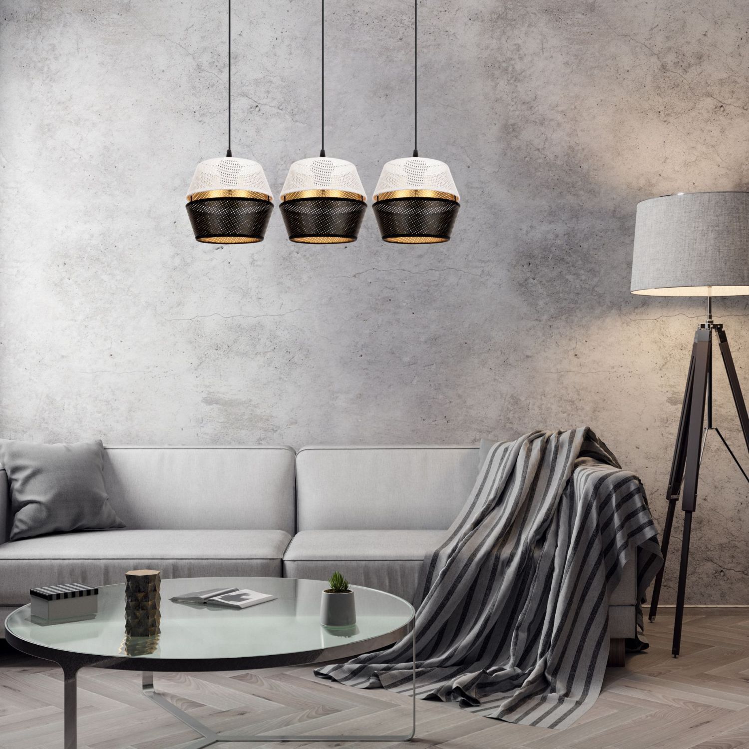 Lange Hängelampe 3-flammig Metall Schwarz Weiß Gold E27 Lampe, Pflanze, Couch, Tabelle, Stehlampe