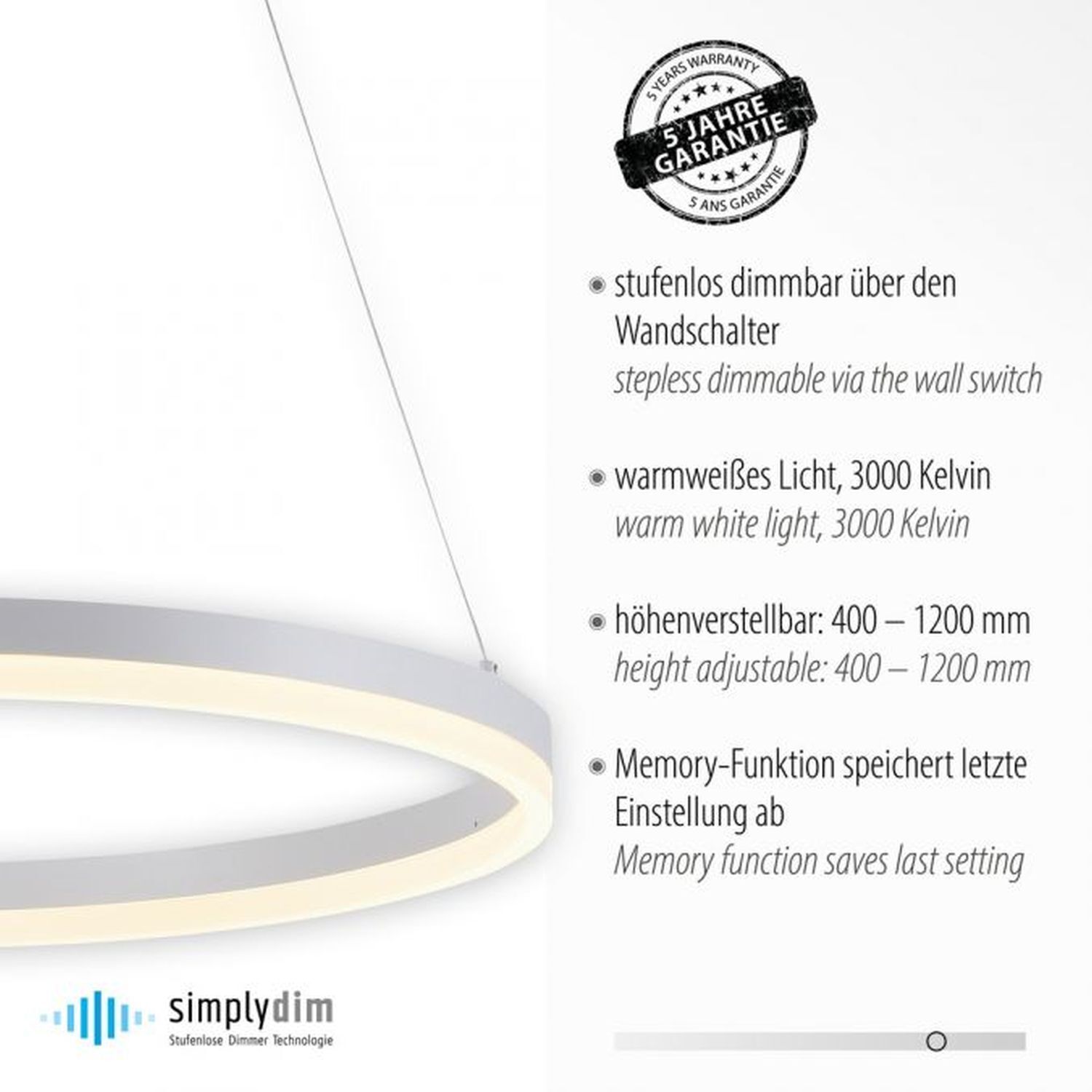 Suspension LED Blanc dimmable 38 W 3000 K Ø60 cm Anneau Werbung