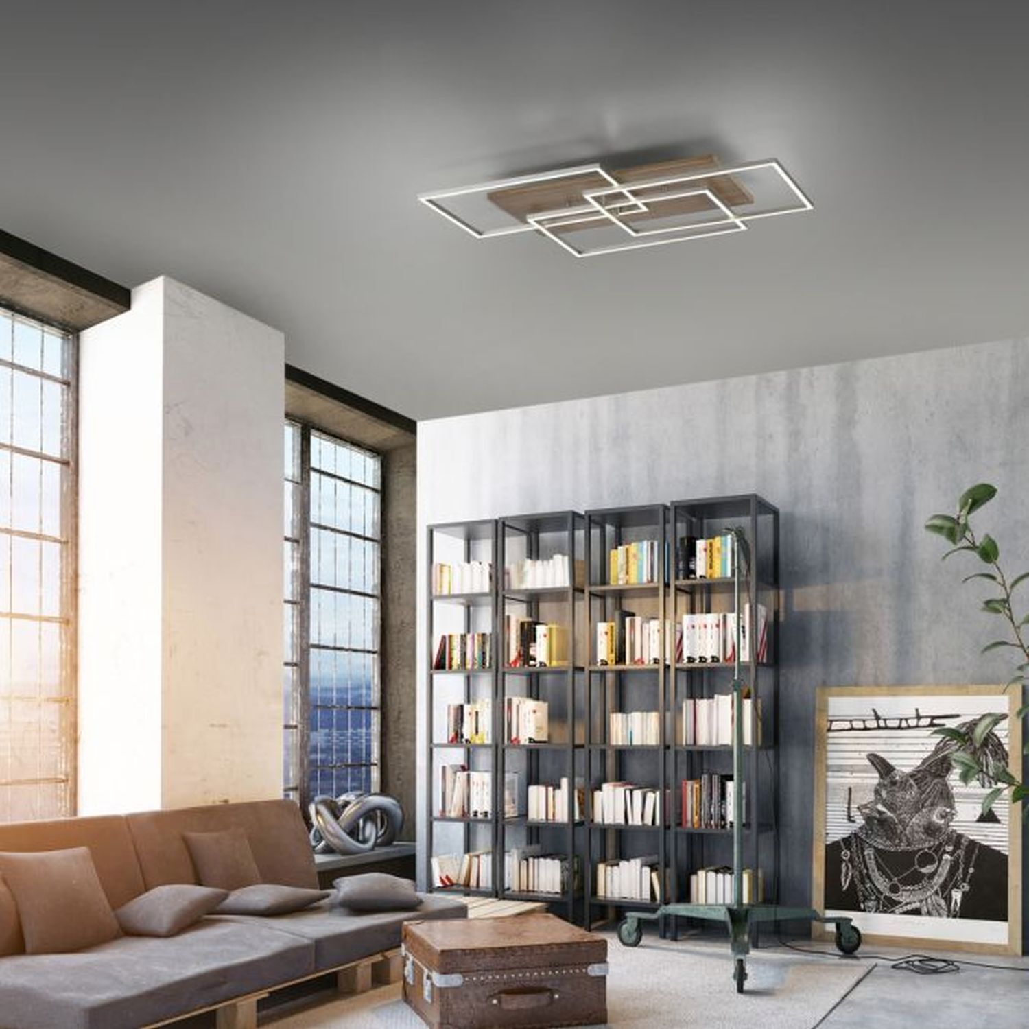 Gemütliche LED Deckenlampe Holz L:82 cm 4320 lm dimmbar Moebel, Wohnzimmer, Zimmer, Couch, Bücherschrank