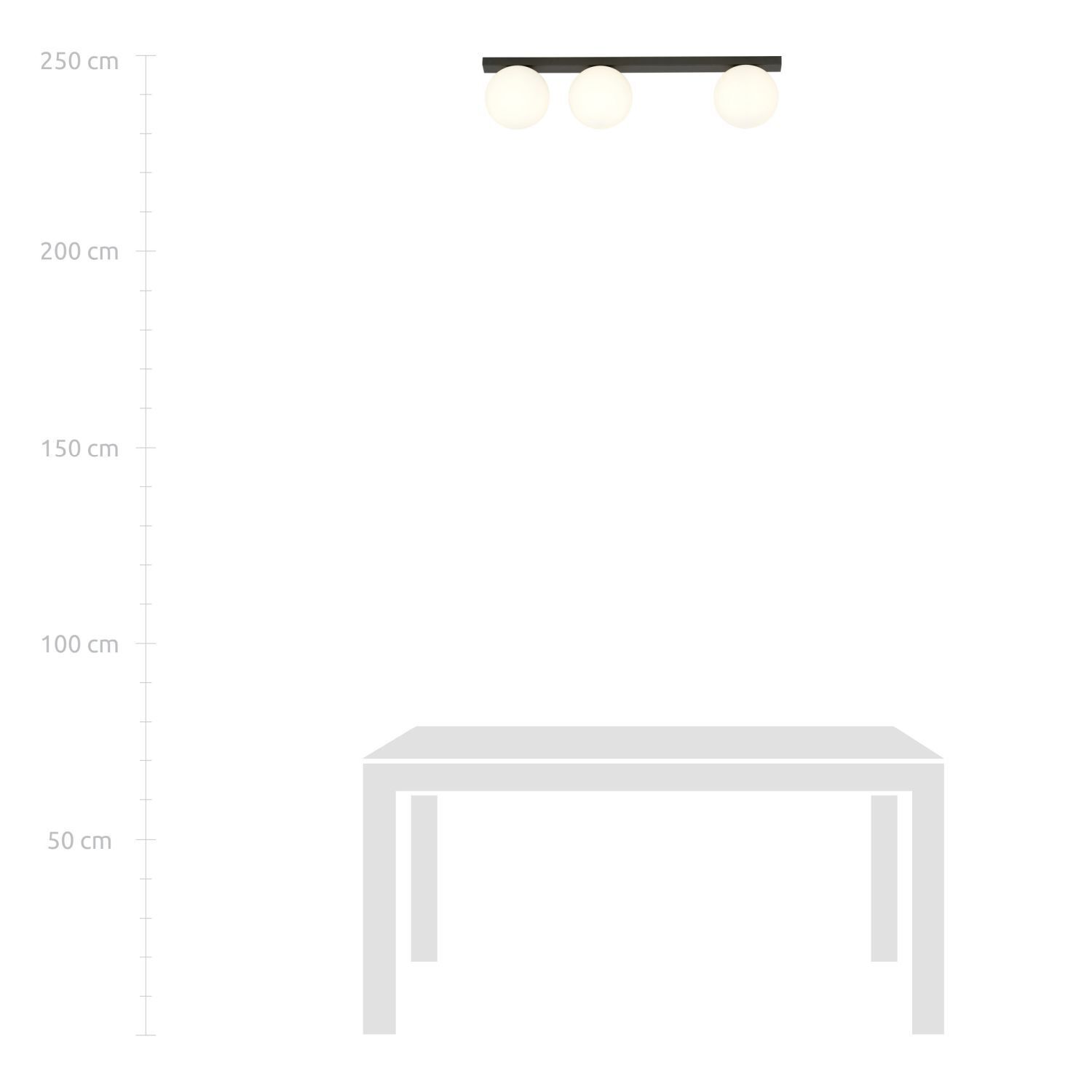 Plafonnier 3 flammes E14 70 cm de long verre métal blanc noir