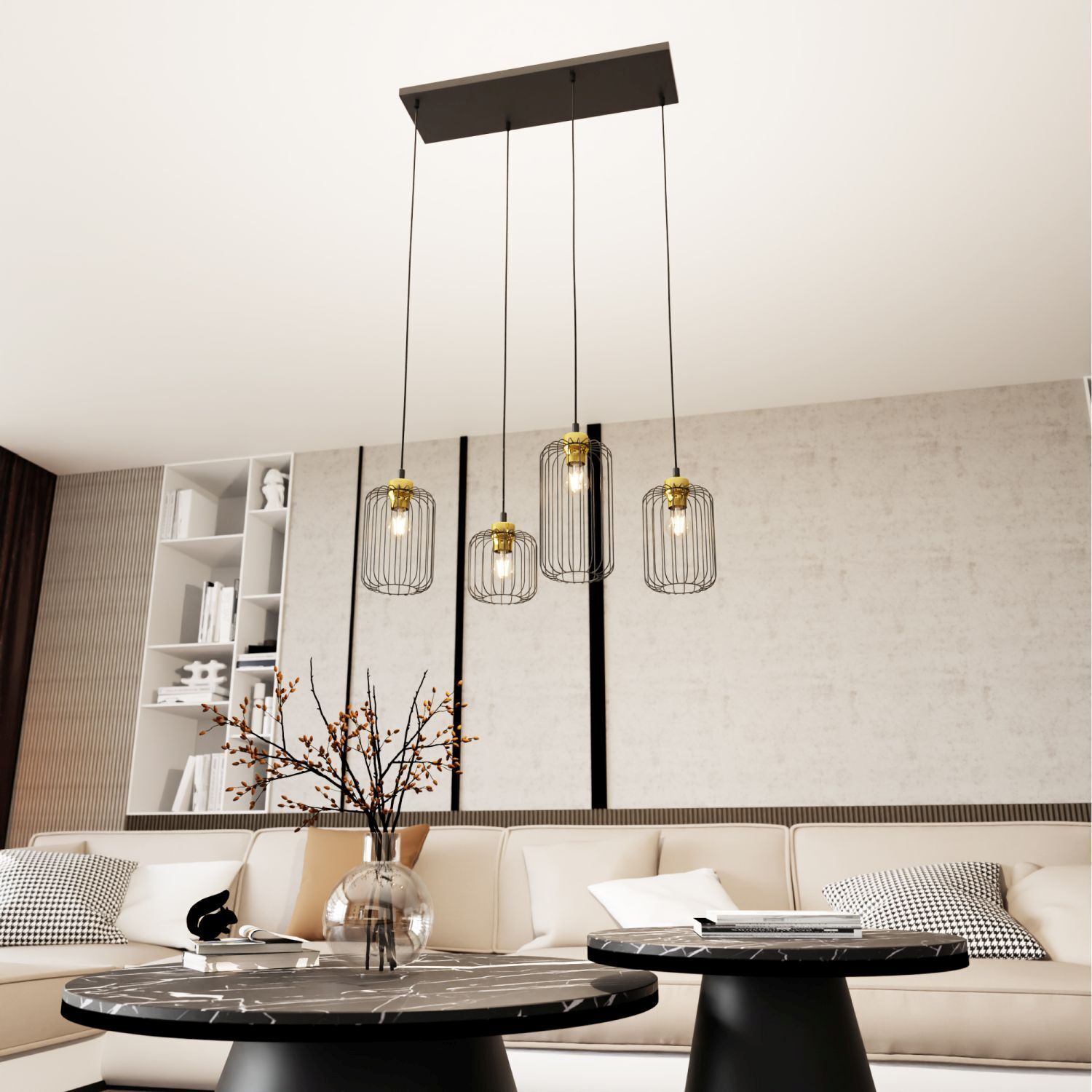 Pendellampe, geometrischer Käfig, vier Leuchten, schwarzmetall, Wohnzimmer Mittelpunkt