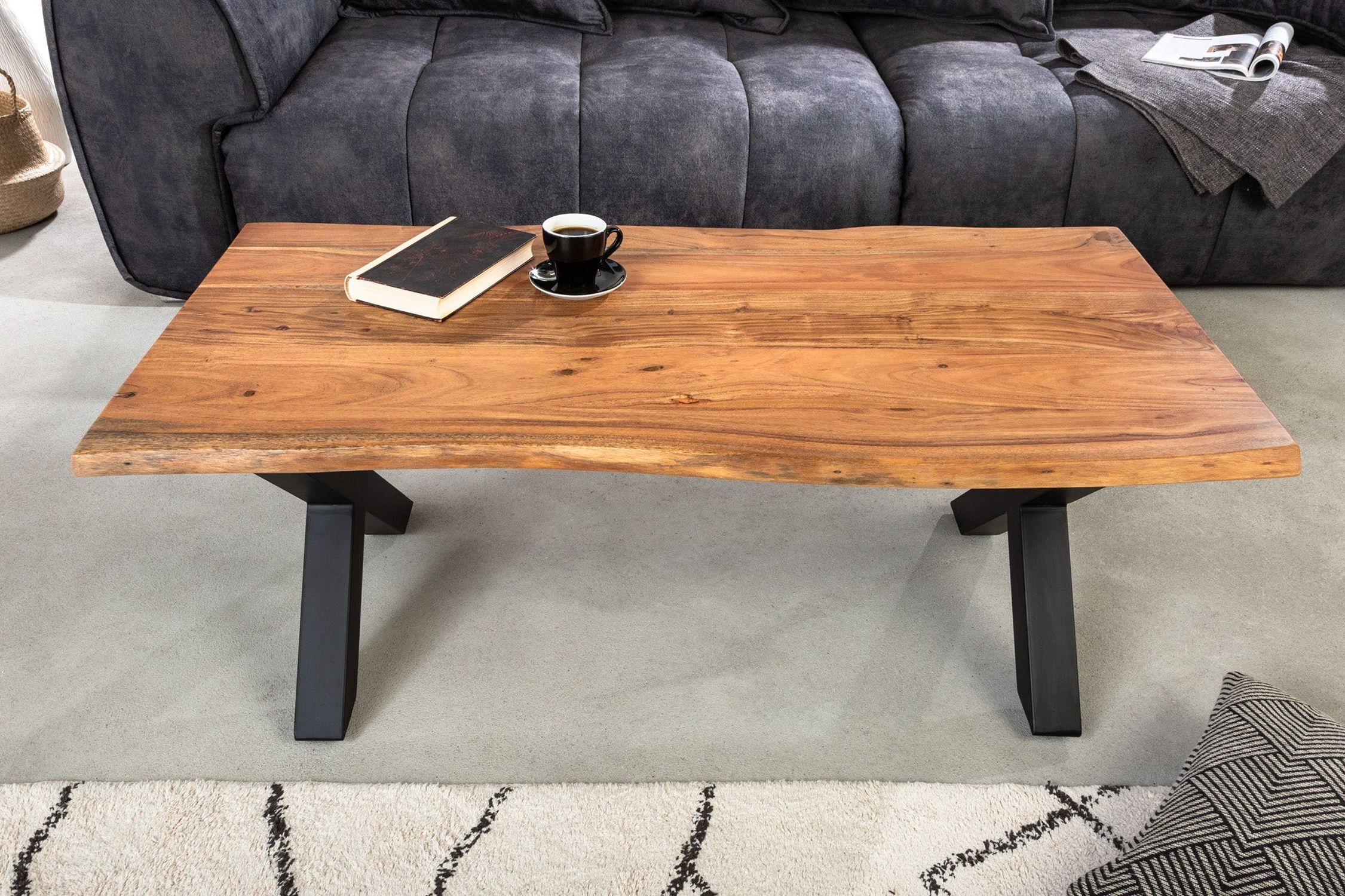 Couchtisch 120 x 60 cm Baumkante x -Beine Industrial Moebel, Tabelle, Kaffeetisch, Tischplatte, Buch