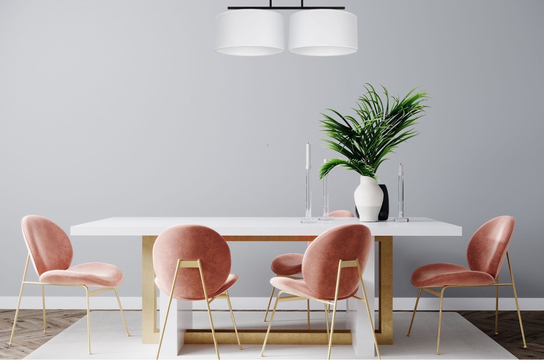 Deckenlampe Stoff blendarm Schwarz Weiß E27 L:70 cm Esstisch, weißer Tisch, Palisander-Gestell, Rosa Samtkissen, Pflanzen-Dekor