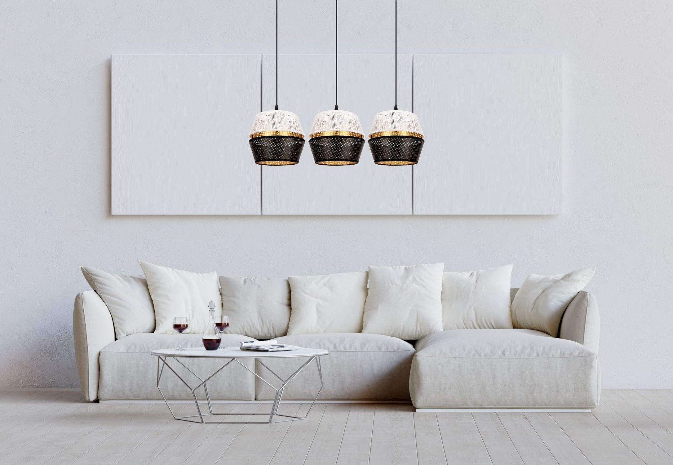 Lange Hängelampe 3-flammig Metall Schwarz Weiß Gold E27 Dekoration für Zuhause, Kissen, Wohnzimmer, Couch, Innenarchitektur