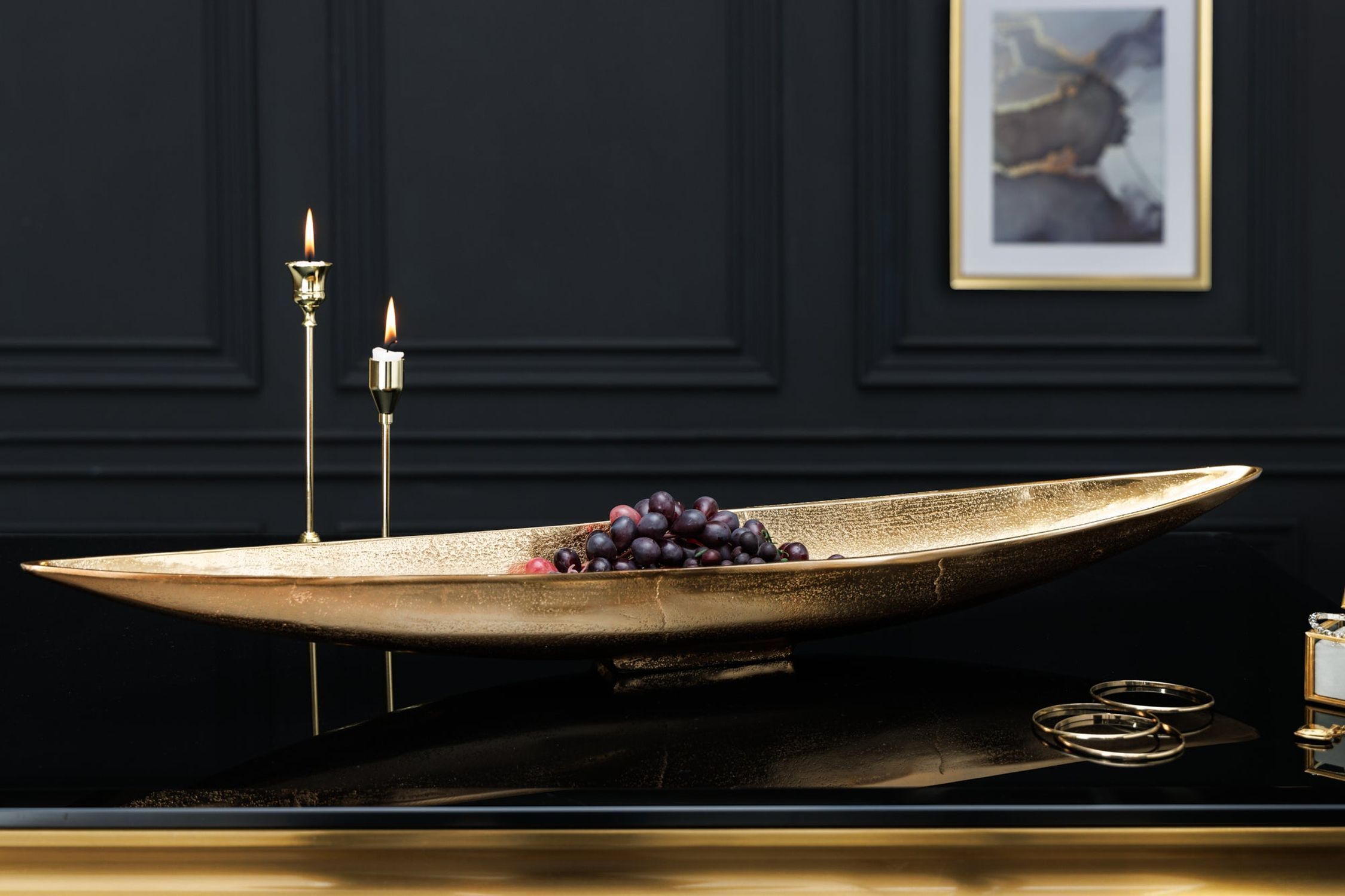 Coupelle décorative oblongue 82 cm de long en métal doré fait main