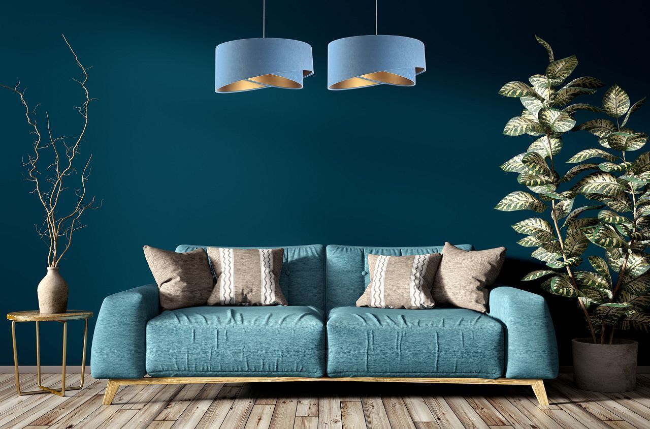 Suspension ronde D : 50 cm E27 Bleu Or Tissu aspect velours