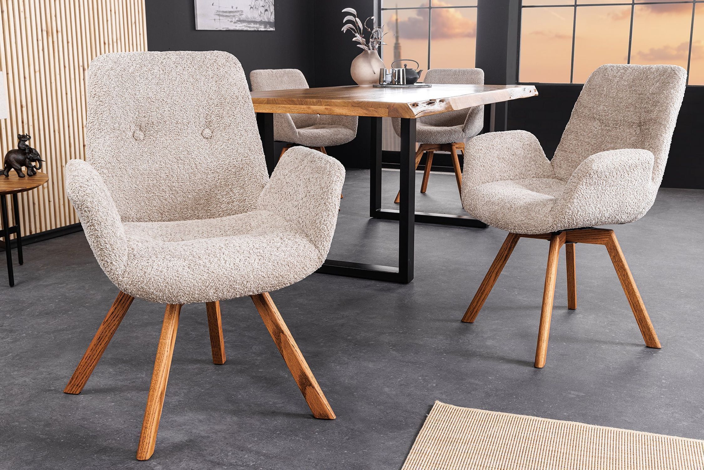 Chaise de salle à manger Bouclé Bois en Beige Naturel Scandinave Moebel, Stuhl, Drinnen