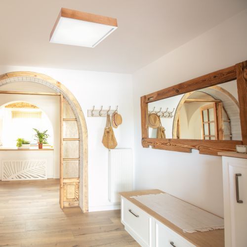 Plafonnier en bois Abat-jour en verre E27 L:48 cm faible éblouissement Holz, Drinnen, Innenarchitektur