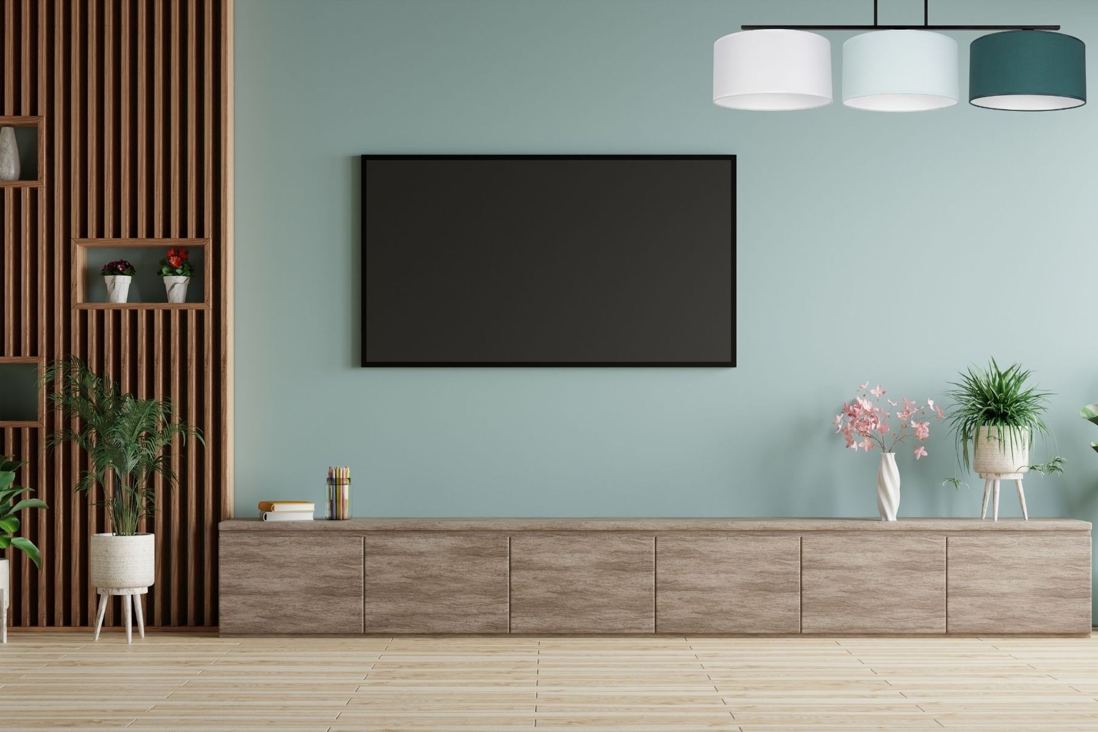 Deckenlampe Stoff Weiß Mint Grün E27 L:100 cm blendarm Fernseher, Wandmontage Fernseher, TV-Gerät, Wohnzimmer, Lowboard