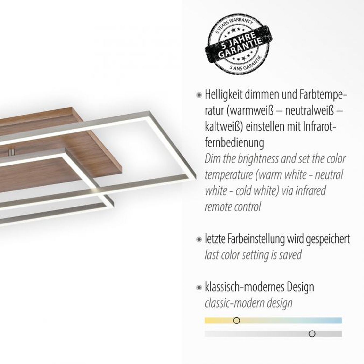 Gemütliche LED Deckenlampe Holz L:82 cm 4320 lm dimmbar Ablage
