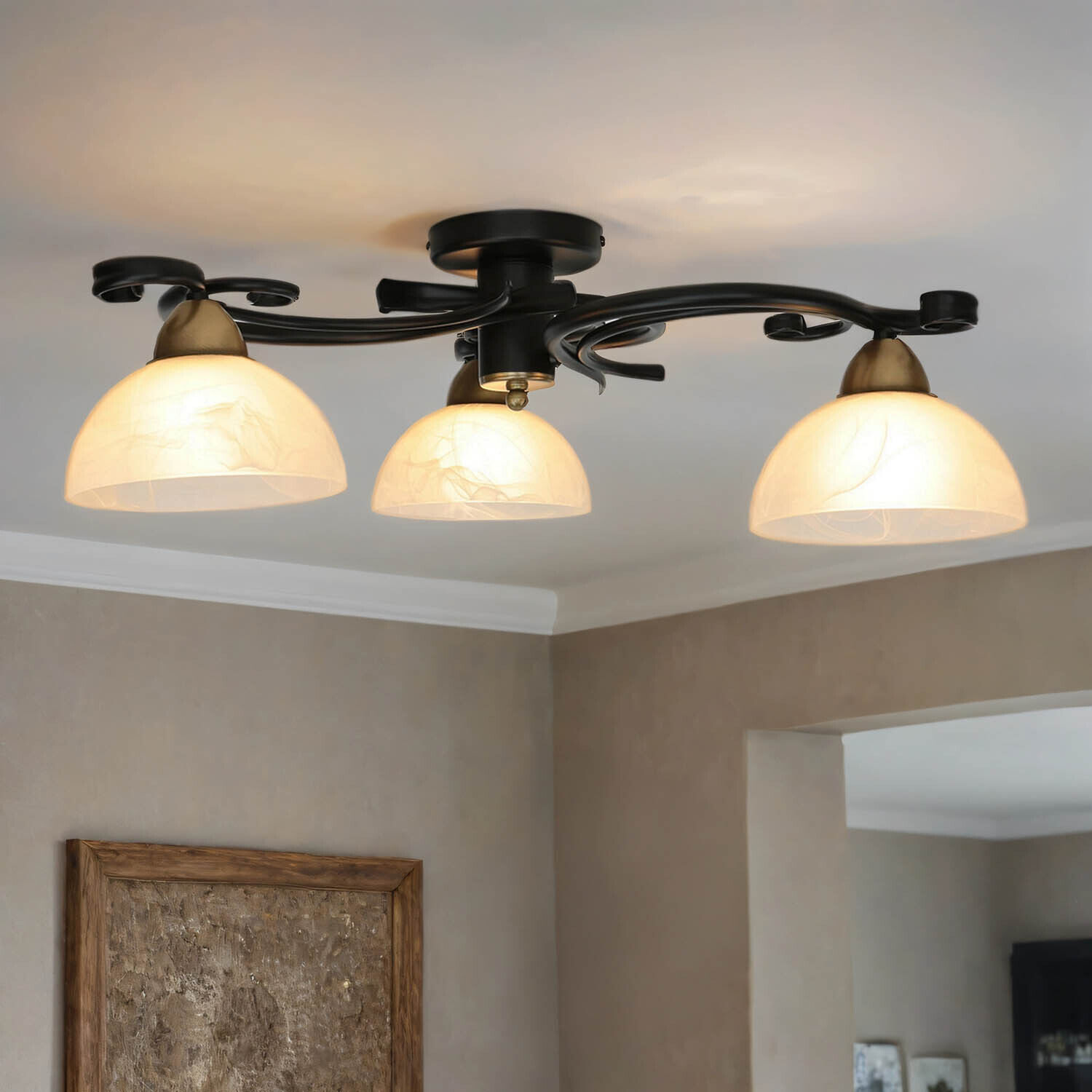 Plafonnier verre métal noir blanc laiton 3 flammes Deckenleuchte, Leuchte