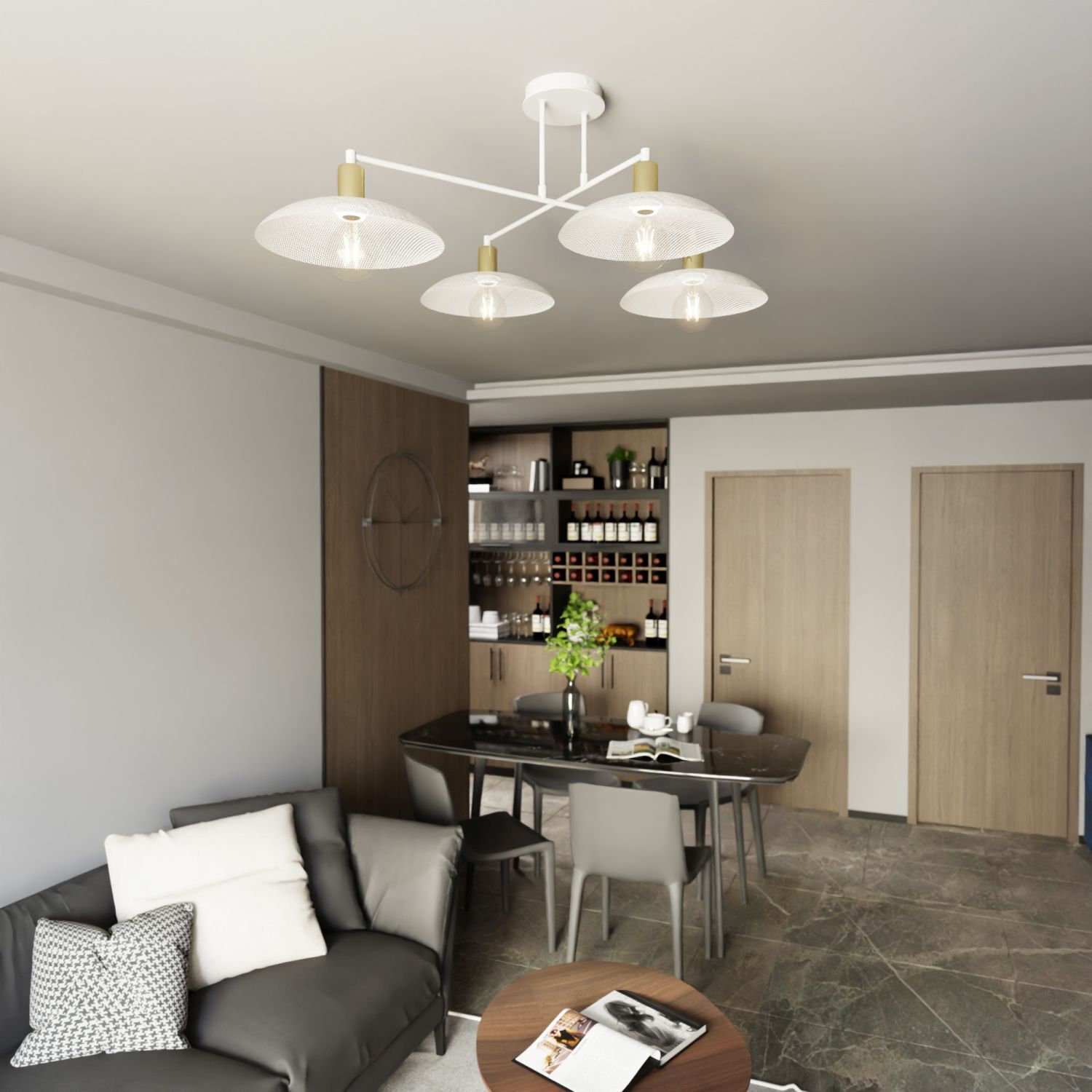 Lampe de plafond blanc or 100 cm de long E27 4-flamme métal