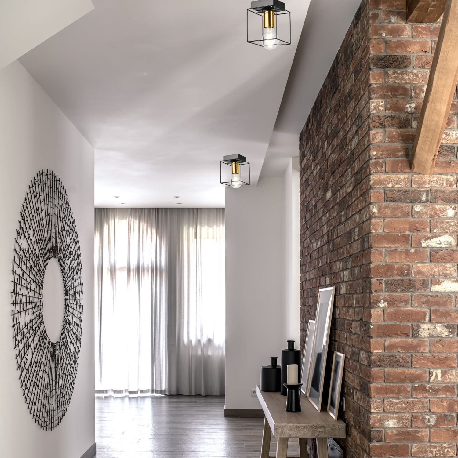 Deckenleuchte eckig klein E27 Draht Metall Würfel Schwarz Gold Drinnen, Innenarchitektur, Fußboden, Holzpaneele, Kerze