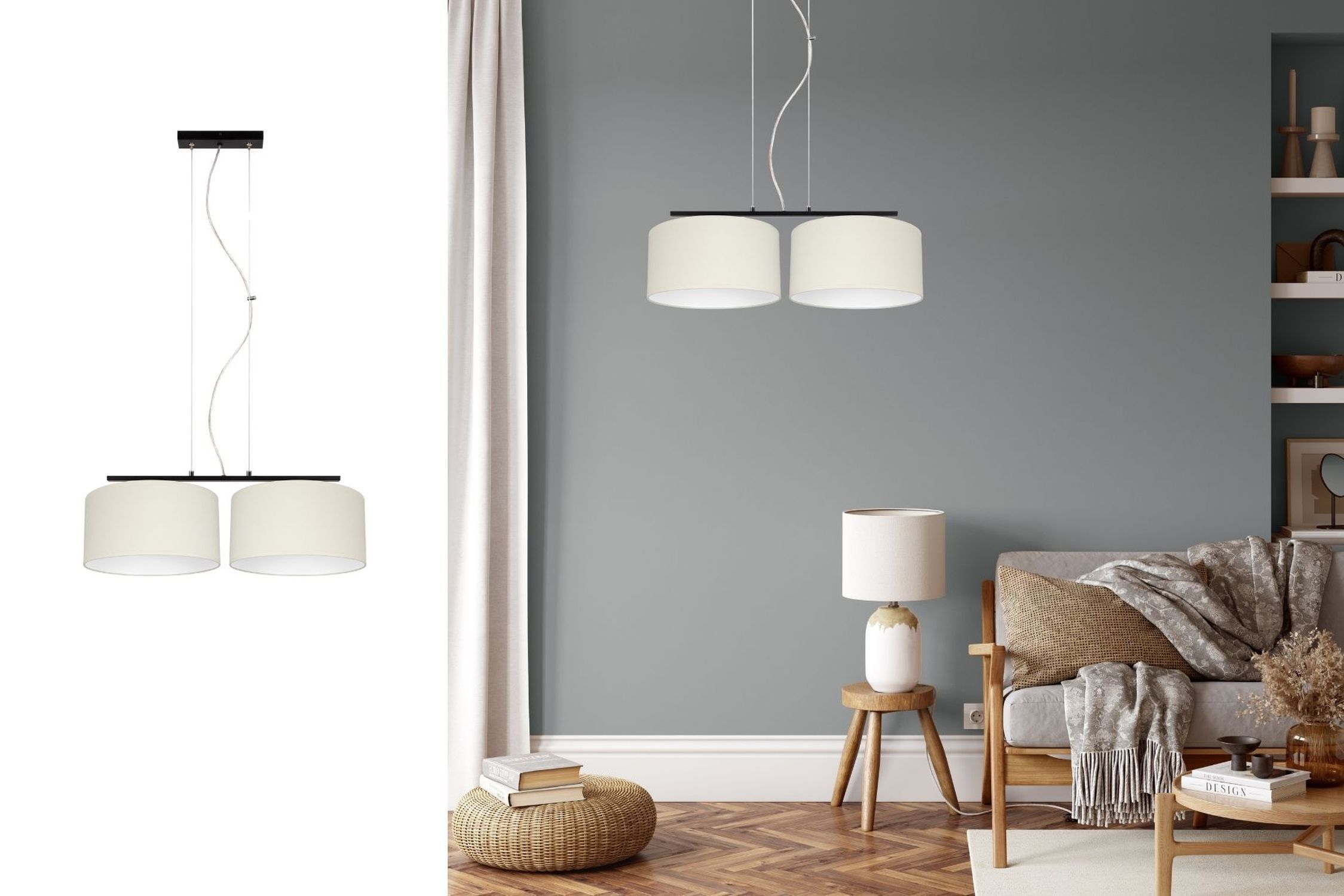 Suspension allongée 2 flammes tissu noir écru E27