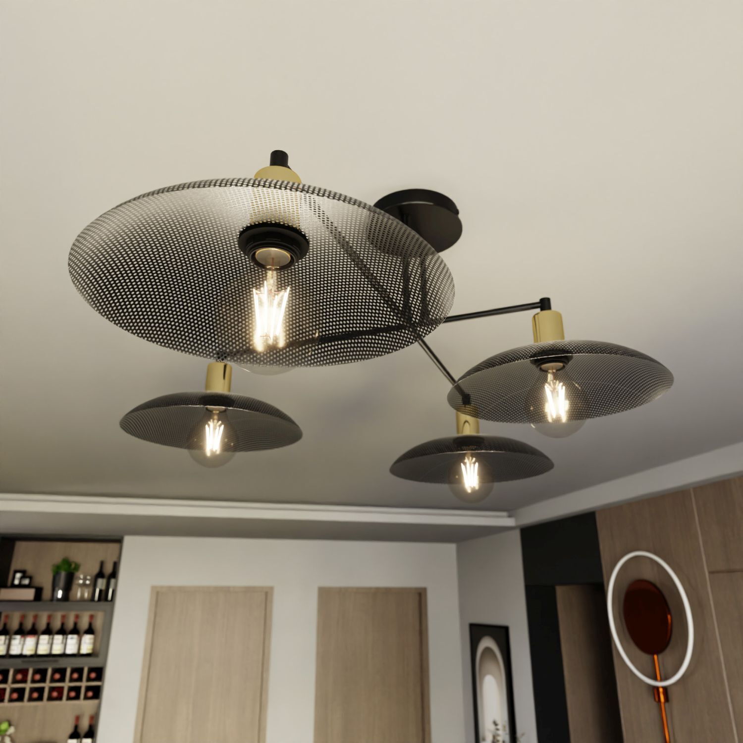 Plafonnier grand 100 cm de long en noir or 4x E27 métal