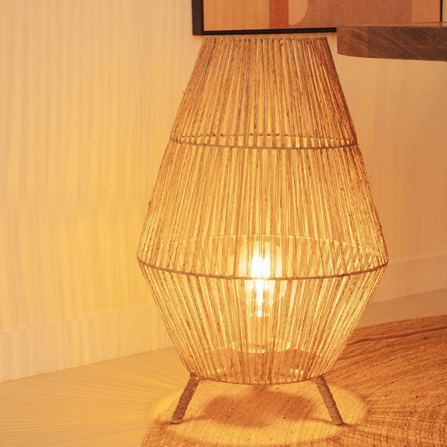 Tischleuchte Rattan H: 72 cm E27 groß Dreibein Boho Lampe