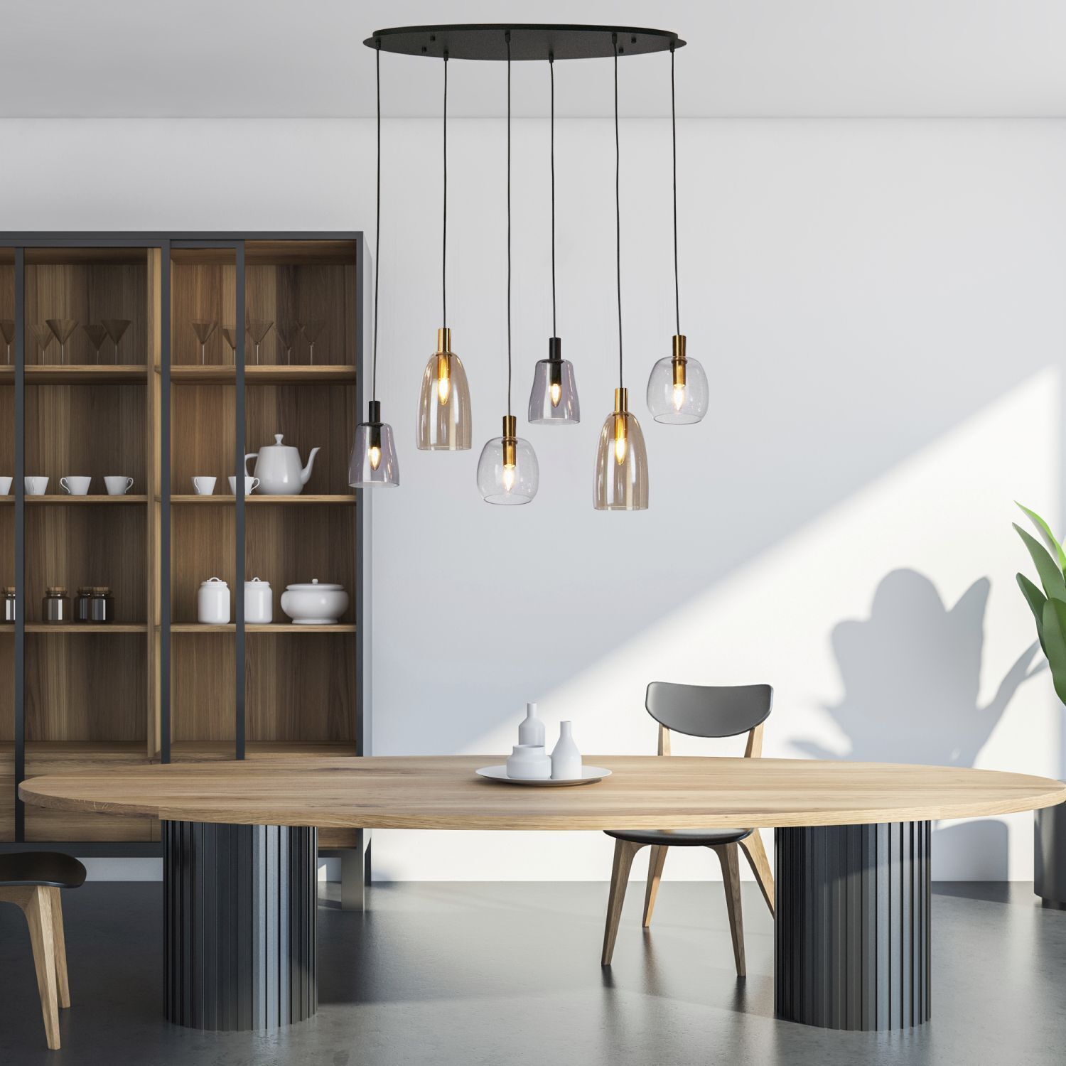 Hängelampe 6-flammig E14 B: 95 cm Glas Metall Vintage Esstisch, Tisch, Esszimmer, Innenarchitektur, Stuhl