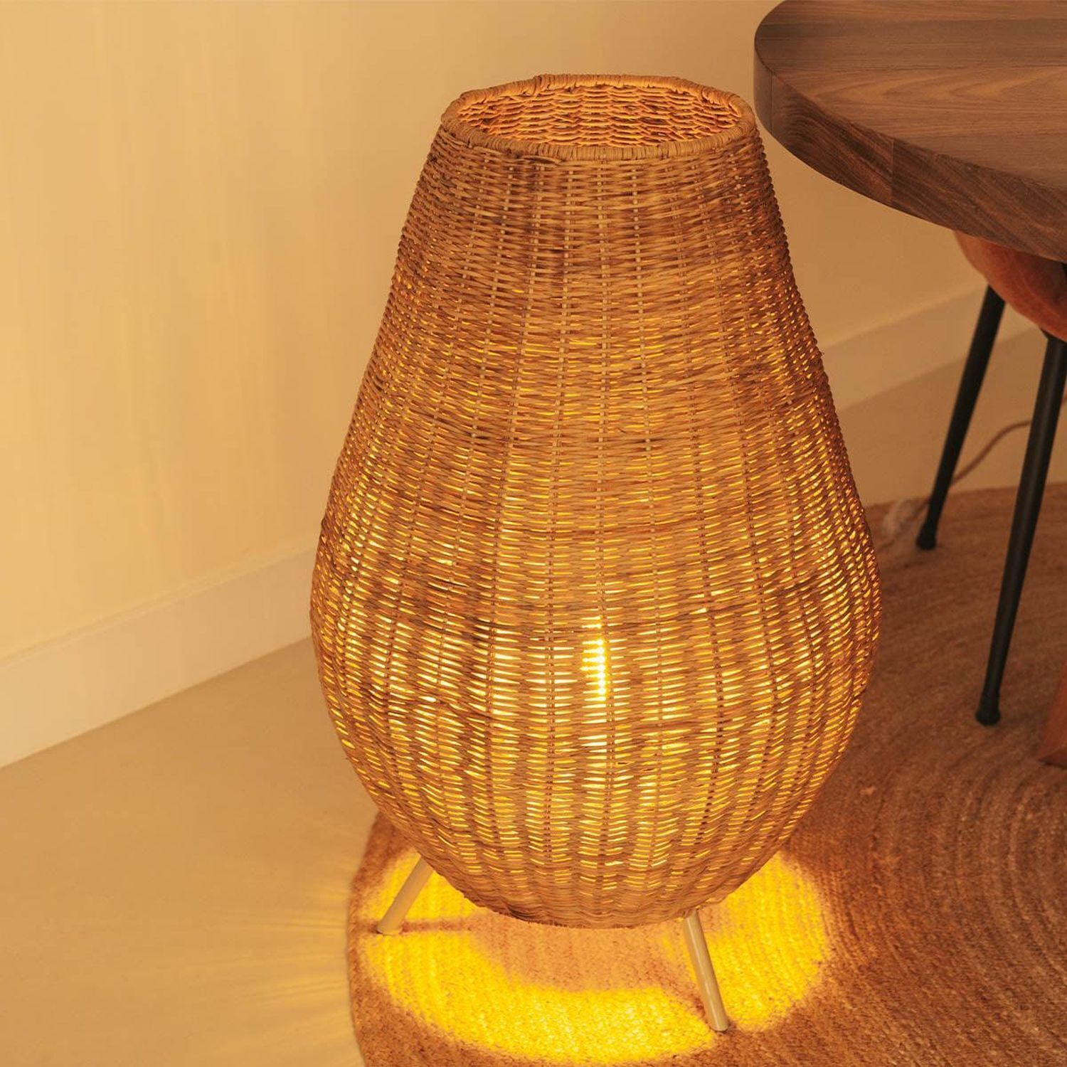 Lampe de table rotin 72 cm trépied câble fiche E27 Lampe