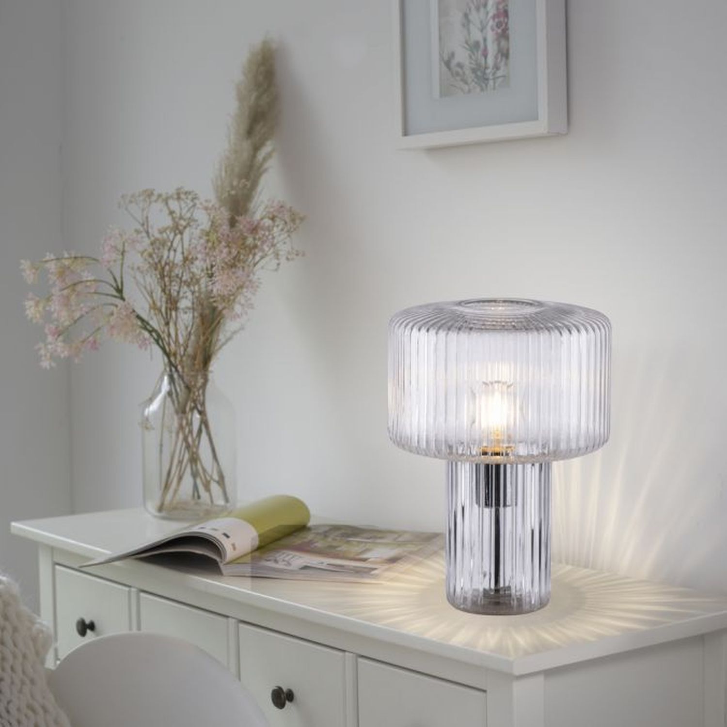 Dekorative Tischleuchte Riffelglas E27 35 cm Pilz rund Lampe, Tischlampe, Mobiliar, Tabelle