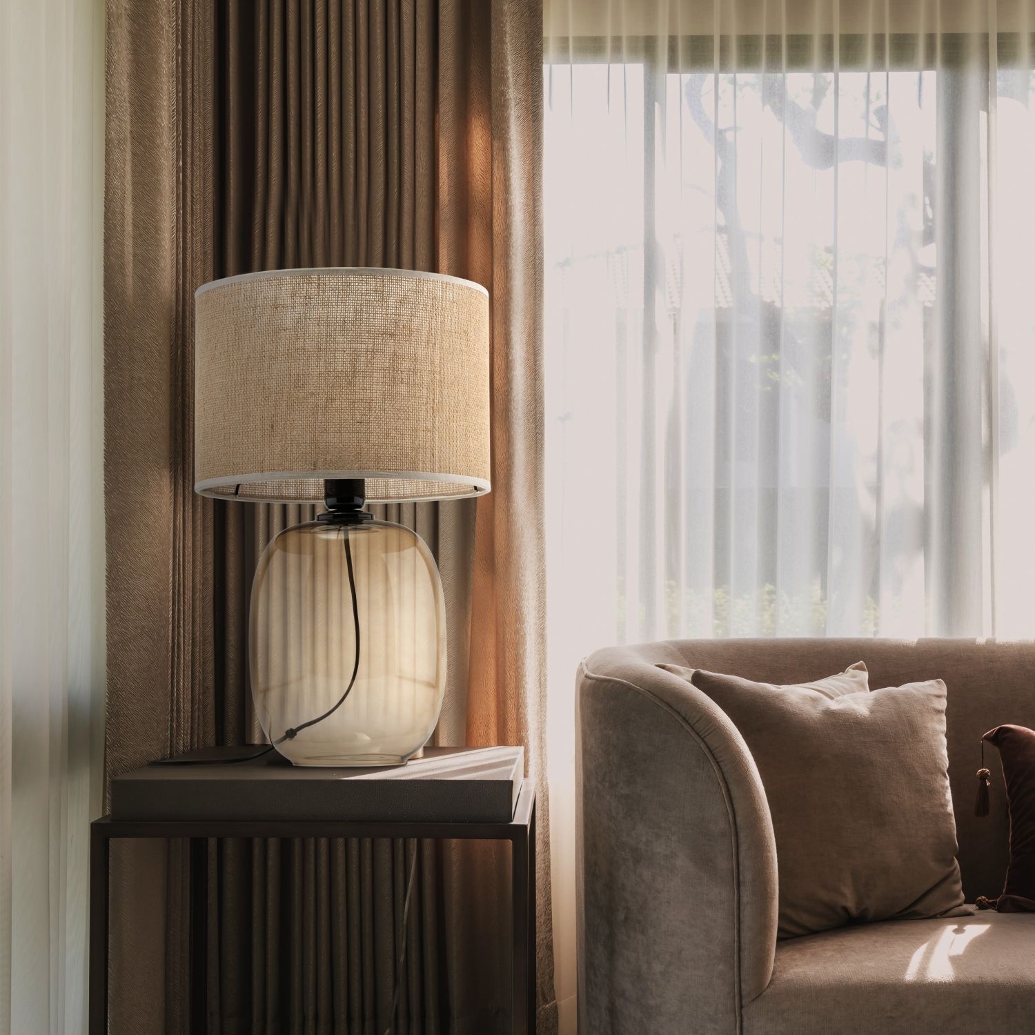 Tischleuchte Rauchglas Stoff Braun H: 48 cm Ø 30 cm E27 Lampe, Drinnen, Innenarchitektur, Couch, Mobiliar