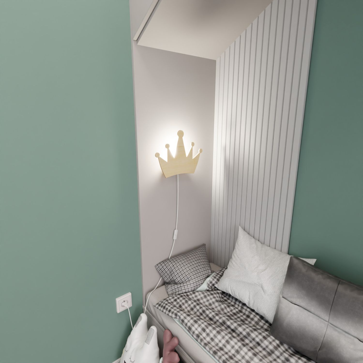 Applique murale chambre d'enfant avec fiche interrupteur couronne E14 bois