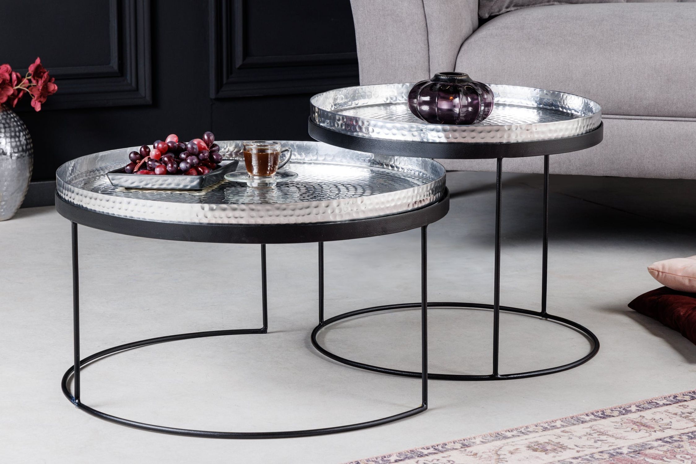 Table basse set de 2 avec plateau en argent noir fait main Kaffeetisch, Mobiliar, Tabelle, Tischplatte, Tasse